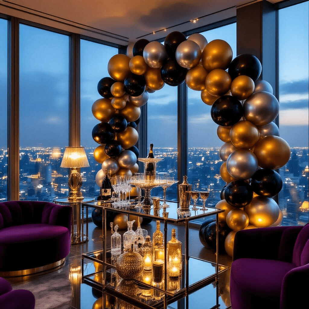 Mastering Foil Balloons: The Ultimate Guide to Stunning Event Decor An elegant New Year's Eve cocktail party in a luxurious penthouse with floor-to-ceiling windows showcasing a city skyline, featuring a metallic balloon installation, champagne tower, stocked acrylic bar carts, jewel-toned velvet furniture, mirrored tables, and a statement clock counting down to midnight, all illuminated by soft ambient lighting.