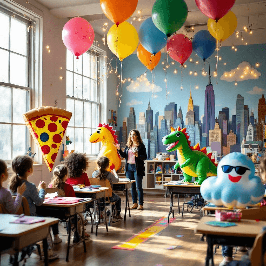 Balloons Over Broadway: A Magical Classroom Parade Project A whimsical classroom resembling a miniature Broadway, with colorful handmade parade balloons floating above desks, illuminated by soft morning light. Excited students showcase their creations in front of a hand-painted New York City skyline, adorned with fairy lights. A teacher gestures towards a tape-marked 'parade route' on the floor, while close-up details highlight intricate balloon designs, including a superhero pizza slice, a musical dinosaur, and a cloud wearing sunglasses, all made from vibrant construction paper and shimmering streamers.