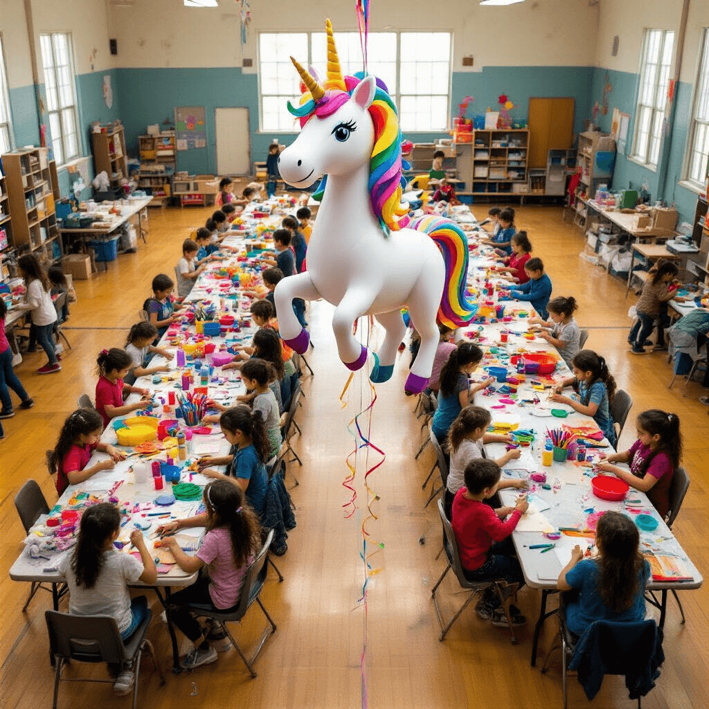 Balloons Over Broadway: A Magical Classroom Parade Project An overhead view of a vibrant elementary school gym transformed into a magical parade workshop, filled with students crafting colorful 3D paper balloons at long tables covered with diverse craft supplies. In the center, a whimsical unicorn balloon with a rainbow mane floats above, illuminated by soft lighting that highlights the creative atmosphere.
