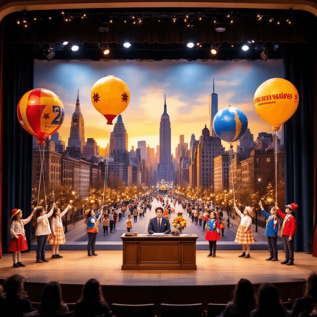 Balloons Over Broadway: A Magical Classroom Parade Project A vibrant school auditorium stage resembling a miniature Macy's Thanksgiving Day Parade, featuring colorful student-made balloons above, a painted NYC skyline backdrop in golden hour light, and young reporters at a news desk amid twinkling fairy lights and spotlights.
