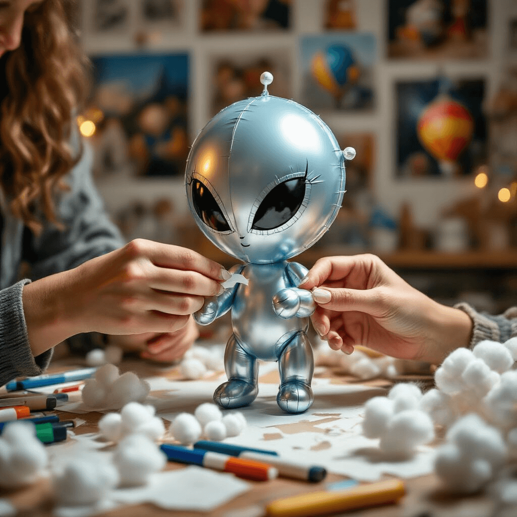 Balloons Over Broadway: A Magical Classroom Parade Project A close-up of hands meticulously crafting a balloon character, attaching delicate paper features to a shimmering silver balloon base, surrounded by various crafting materials and softly lit by warm light.