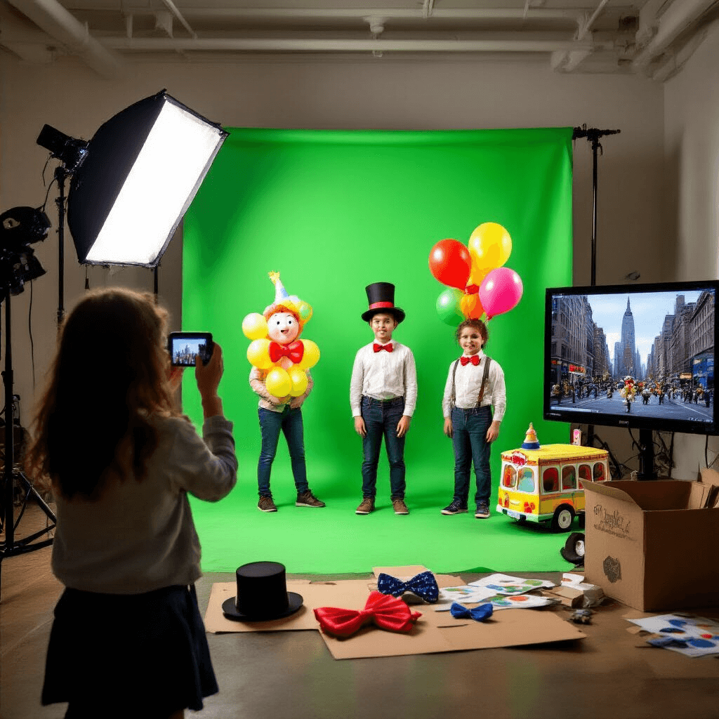 Balloons Over Broadway: A Magical Classroom Parade Project A vibrant green-screen photo shoot featuring students posing with colorful balloon creations, with a computer monitor displaying NYC street scenes overlaying their images and scattered props like top hats and bowties enriching the playful atmosphere.