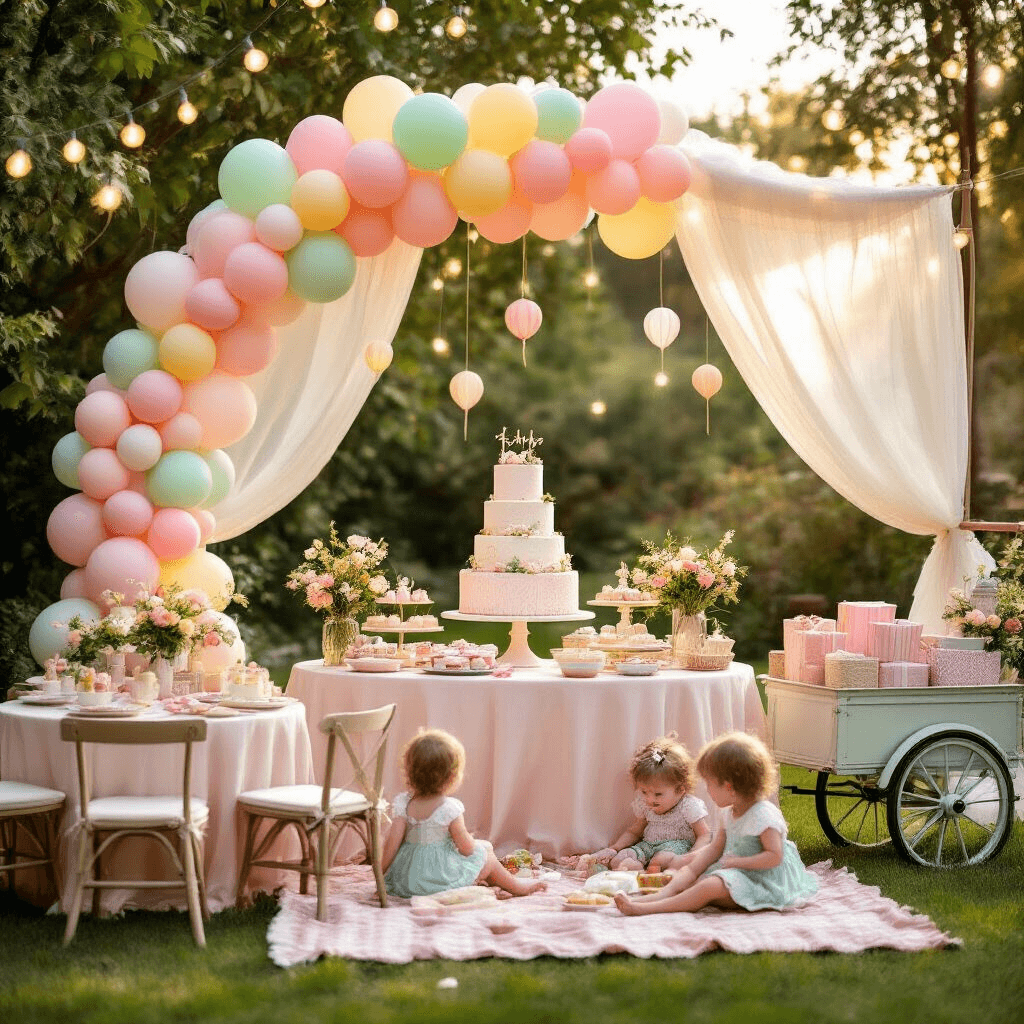Magical 1st Birthday Balloon Decor: Creating Unforgettable Memories A whimsical backyard garden party for a 1st birthday, featuring a grand pastel balloon arch, a dessert table with a tiered cake and cupcakes, twinkling fairy lights, blush linen-draped tables with fresh flowers and hot air balloon centerpieces, and children playing on a picnic blanket by a vintage cart of presents, all bathed in a warm, golden hour glow.