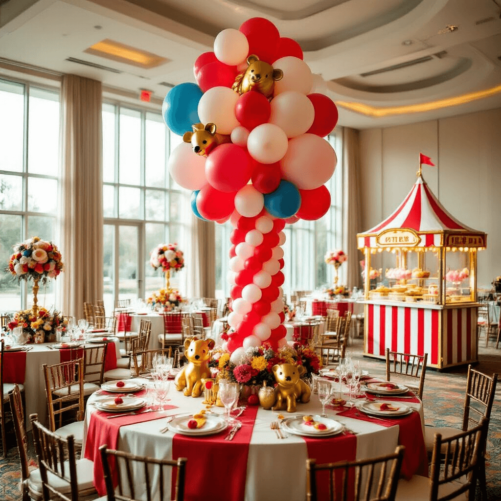 Magical 1st Birthday Balloon Decor: Creating Unforgettable Memories An elegant indoor ballroom decorated for a 1st birthday 'Circus Carnival' theme, featuring a towering balloon circus tent sculpture, red and white striped table linens, gold animal figurine centerpieces, a dessert station resembling a ticket booth, and soft afternoon light streaming through floor-to-ceiling windows.