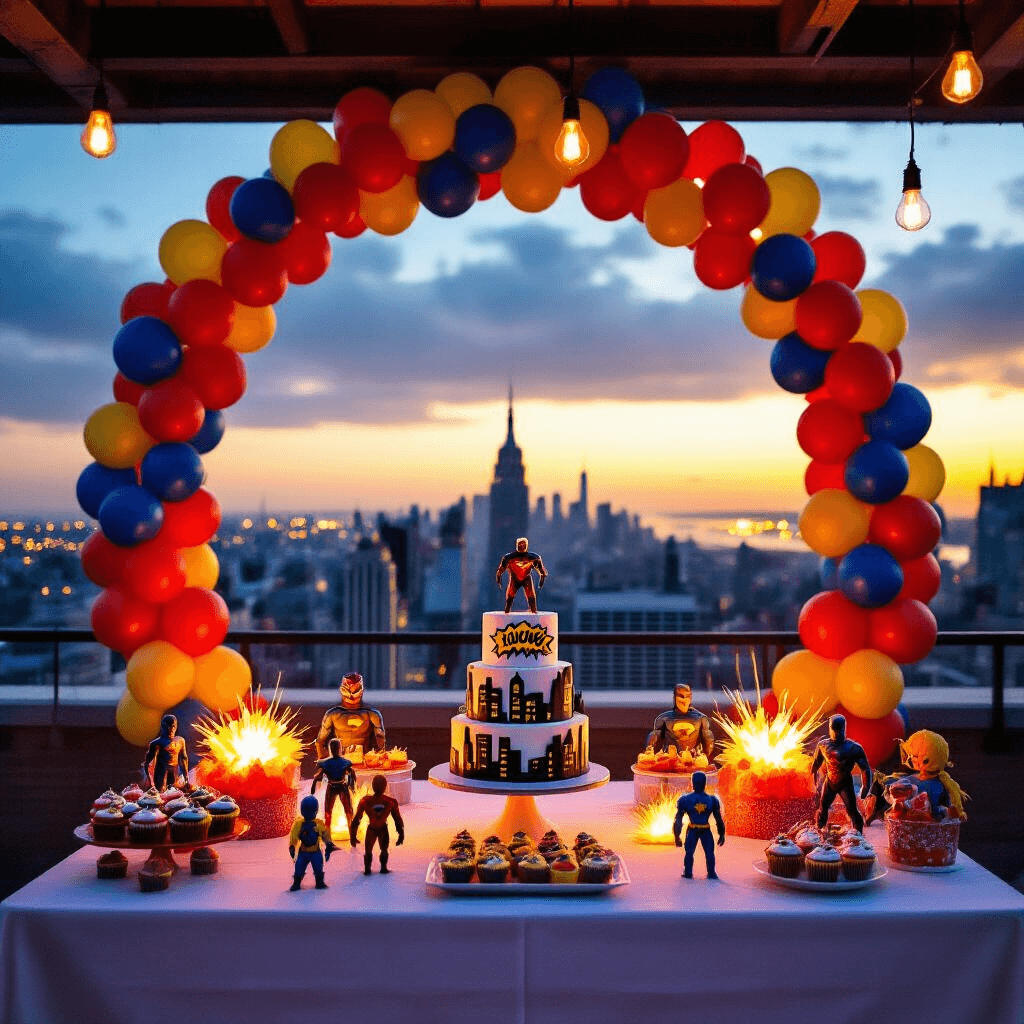 Magical 1st Birthday Balloon Decor: Creating Unforgettable Memories A rooftop terrace decorated for a 'Superhero Adventure' 1st birthday party at twilight, featuring a vibrant balloon arch in primary colors, comic book sound effect foil balloons, white linen-covered tables with action figure centerpieces, and a dessert table with a cityscape cake and themed cupcakes, all illuminated by Edison bulbs and the city skyline at sunset.