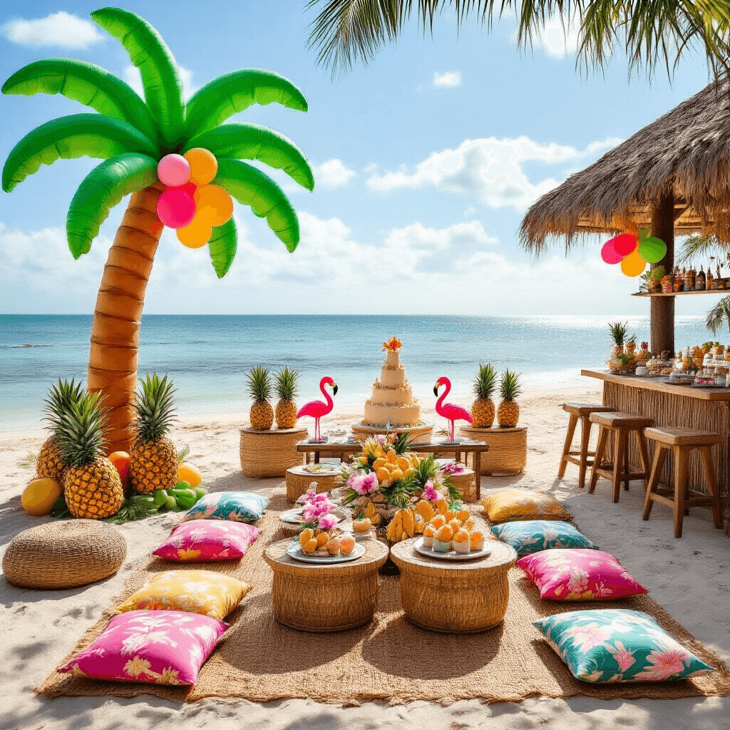 Magical 1st Birthday Balloon Decor: Creating Unforgettable Memories A vibrant beachfront scene for a tropical paradise 1st birthday celebration featuring a grand balloon palm tree entrance, low tables with colorful tropical cushions, centerpieces of pineapples and orchids, a tiki bar serving mocktails, and a dessert table with a sandcastle cake and seashell cookies, all under the bright midday sun.