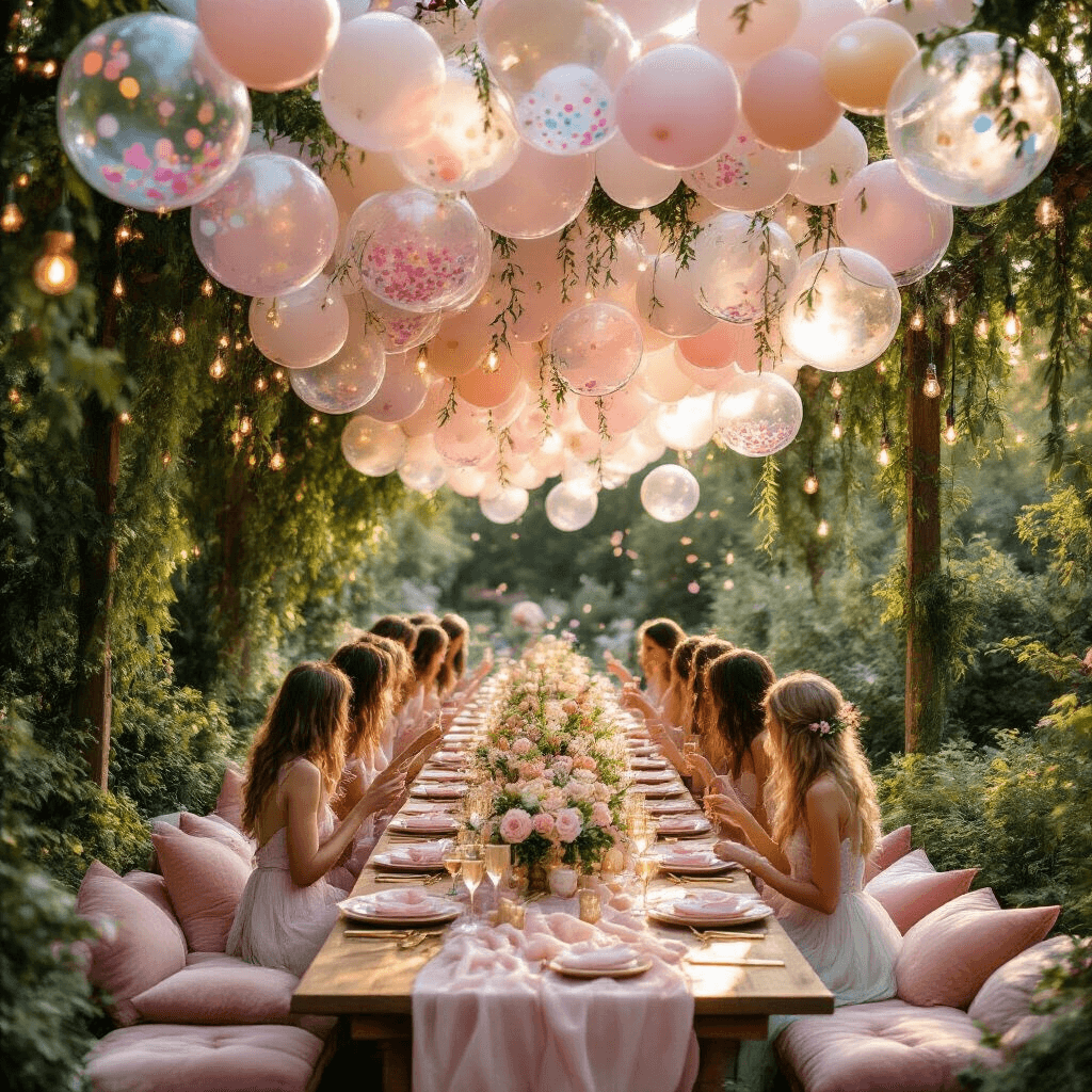 Floating Balloons: The Ultimate Guide to Magical Event Decor A whimsical garden party during golden hour with a long wooden table draped in blush pink and cream linens, surrounded by translucent bubble balloons filled with pastel confetti, fairy lights, and lush floral centerpieces, as guests mingle on plush velvet cushions while sipping champagne.