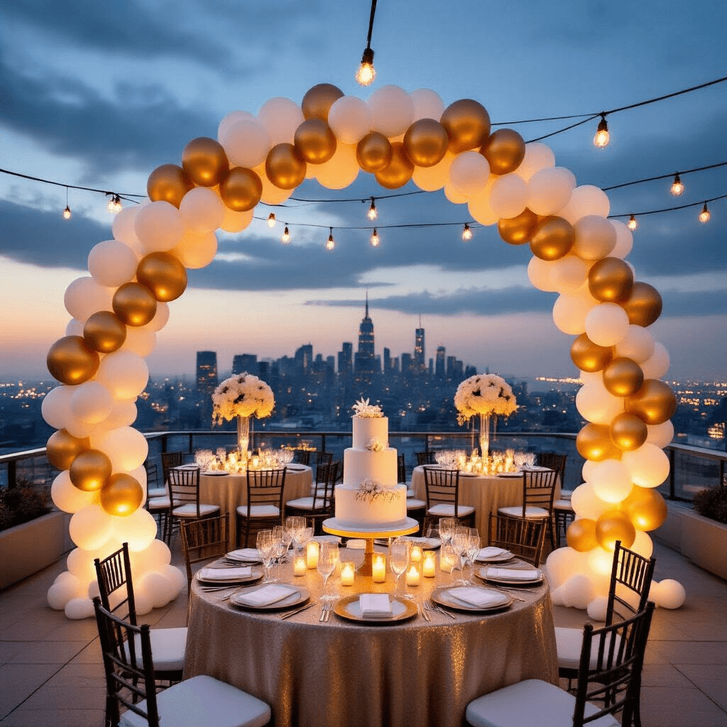 Floating Balloons: The Ultimate Guide to Magical Event Decor An elegant rooftop terrace wedding reception at twilight, featuring a dramatic ivory to deep gold balloon arch framing a city skyline, round tables with champagne linens and tall orchid centerpieces, and a tiered white cake with metallic leaf detailing, all illuminated by twinkling lights.