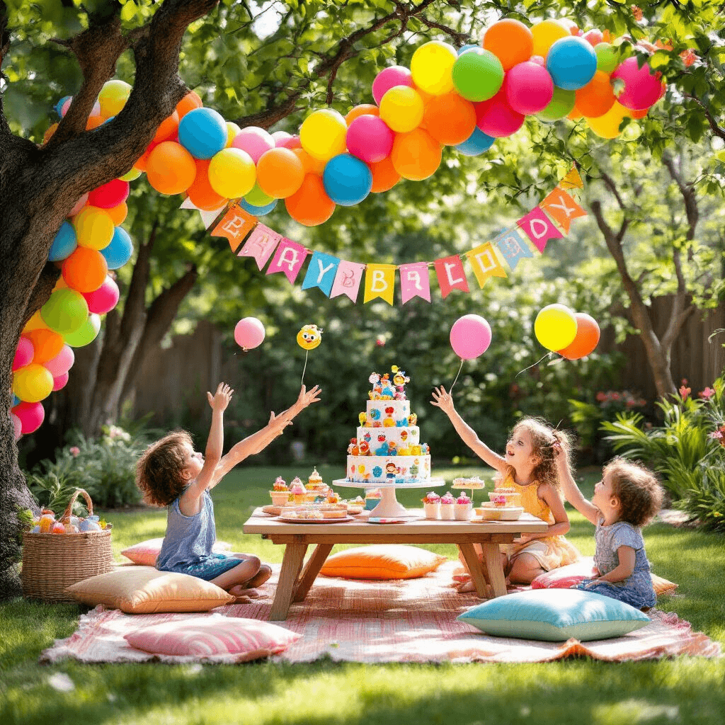 Floating Balloons: The Ultimate Guide to Magical Event Decor A colorful backyard birthday party with a vibrant balloon garland, picnic tables adorned with cushions, a dessert cart featuring a cartoon character cake and cupcakes, and children joyfully reaching for floating character balloons.