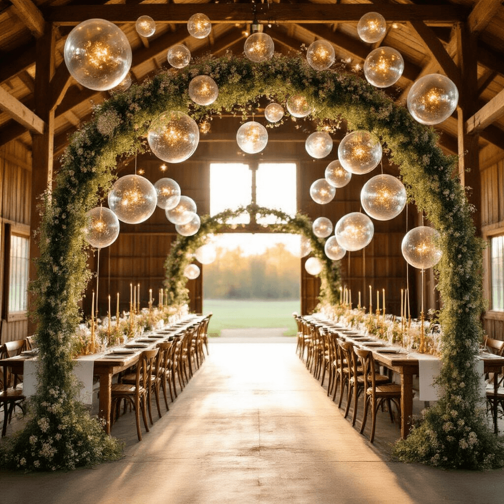 Bubble Balloons: The Ultimate Guide to Stunning Event Styling A beautifully decorated rustic barn wedding reception at golden hour, featuring a grand entrance arch with cascading bubble balloons filled with baby's breath and gold confetti, long farmhouse tables with white linens and brass candlesticks, and bubble balloons overhead with fairy lights, all illuminated by warm sunlight.