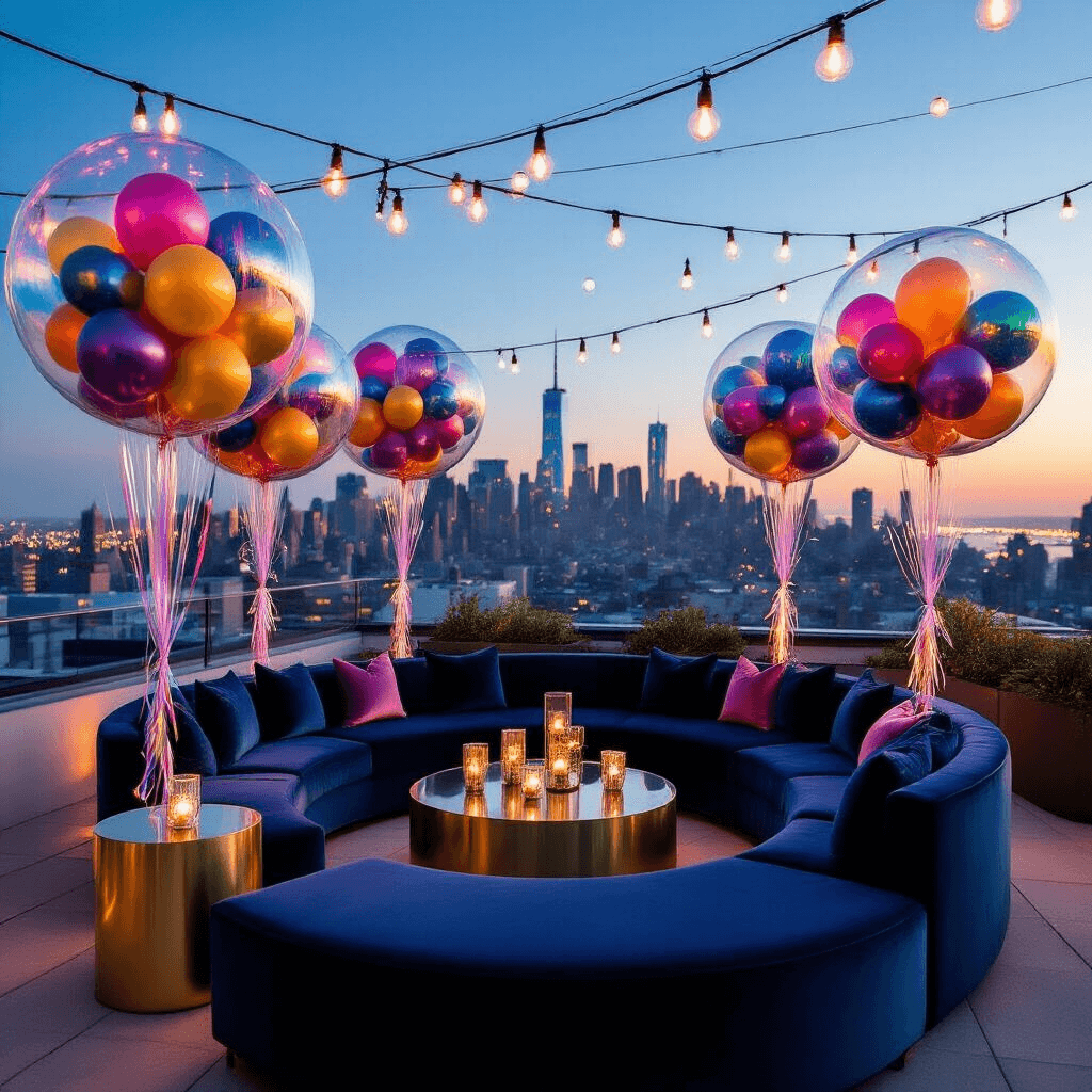 Bubble Balloons: The Ultimate Guide to Stunning Event Styling An elegant rooftop birthday celebration at dusk, featuring a circular velvet lounge area, towering bubble balloon bouquets with jewel-toned balloons, metallic gold cocktail tables, and soft uplighting, all set against a stunning city skyline.