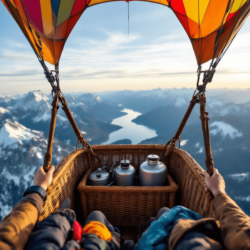 The Magic of Hot Air Balloons: Soaring Through Science and Adventure Aerial view of a wicker hot air balloon basket with passengers gripping the edges, drifting above snow-capped Rocky Mountains and alpine lakes, bathed in soft, diffused light.