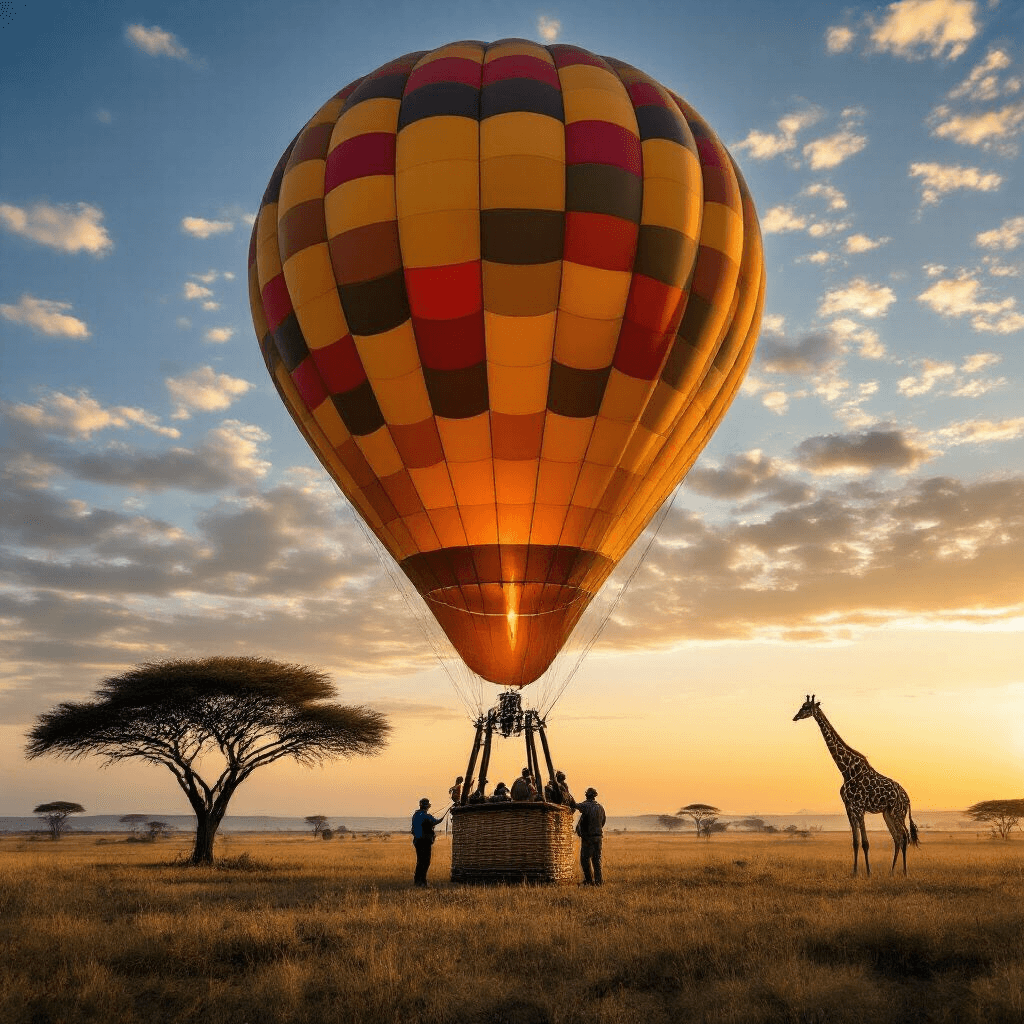 The Magic of Hot Air Balloons: Soaring Through Science and Adventure A partially inflated hot air balloon with bold patterns set against an African savanna at dawn, featuring silhouetted acacia trees and a giraffe in the distance. Guides are seen securing ropes and assisting passengers as the first light of sunrise touches the sky.