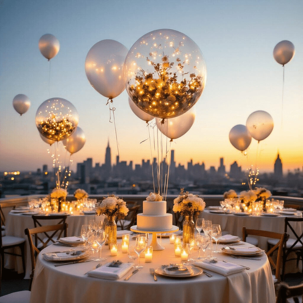Clear Balloons: The Ultimate Guide to Magical Event Styling and Photography A wide-angle view of a twilight rooftop terrace celebration featuring elegant round tables with ivory silk linens, clear balloon centerpieces filled with twinkling fairy lights, and helium-filled clear balloons. A dessert cart with a tiered cake and miniature floral arrangements is in the foreground, all set against a backdrop of the city skyline bathed in soft golden hour light.