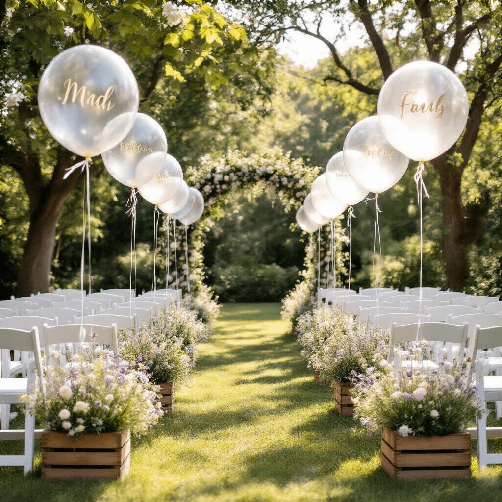 Clear Balloons: The Ultimate Guide to Magical Event Styling and Photography An intimate garden wedding setup featuring rows of white chairs facing a floral arch intertwined with clear balloons filled with baby's breath, sunlight filtering through trees. The aisle is decorated with clear balloons anchored by rustic wooden crates overflowing with lavender and cream wildflowers. A detailed close-up of a chair back showcases a clear balloon with a hand-calligraphed table number, highlighting the vibrant flowers against the translucent balloons.