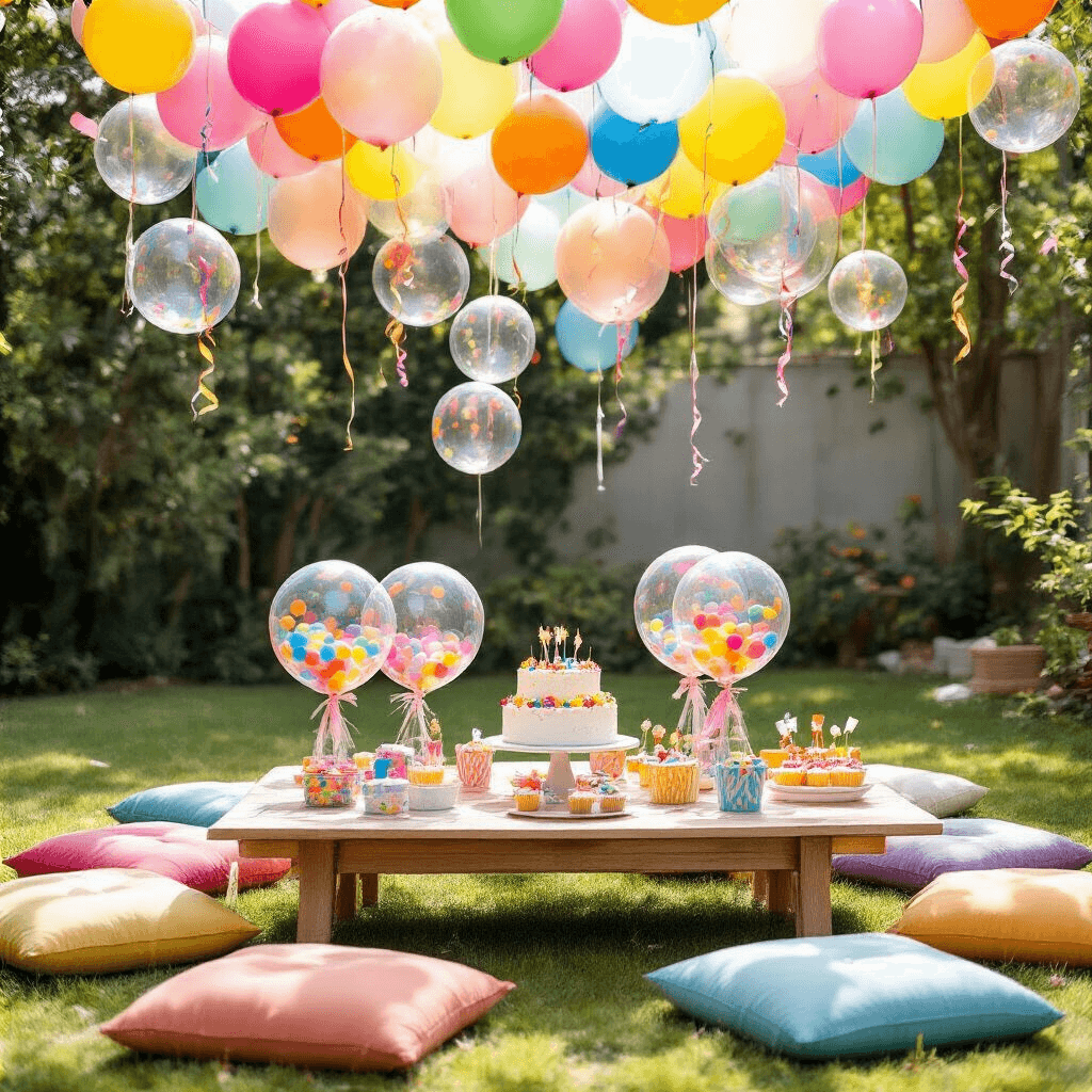 Clear Balloons: The Ultimate Guide to Magical Event Styling and Photography A vibrant child's birthday party in a sun-drenched backyard featuring a low table with colorful floor cushions, topped with clear balloons filled with confetti and tiny toys, surrounded by a DIY photo booth backdrop of balloons, pinwheels, and streamers, and a cake table with a homemade cake and cupcake-filled balloon 'bubbles'.
