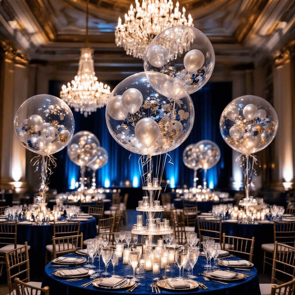 Clear Balloons: The Ultimate Guide to Magical Event Styling and Photography An elegant New Year's Eve soirée in a grand ballroom featuring crystal chandeliers, towering balloon sculptures filled with silver and gold confetti, and a luxurious champagne tower adorned with clear balloons containing edible gold leaf, all set against a backdrop of twinkling lights and moody reflections.