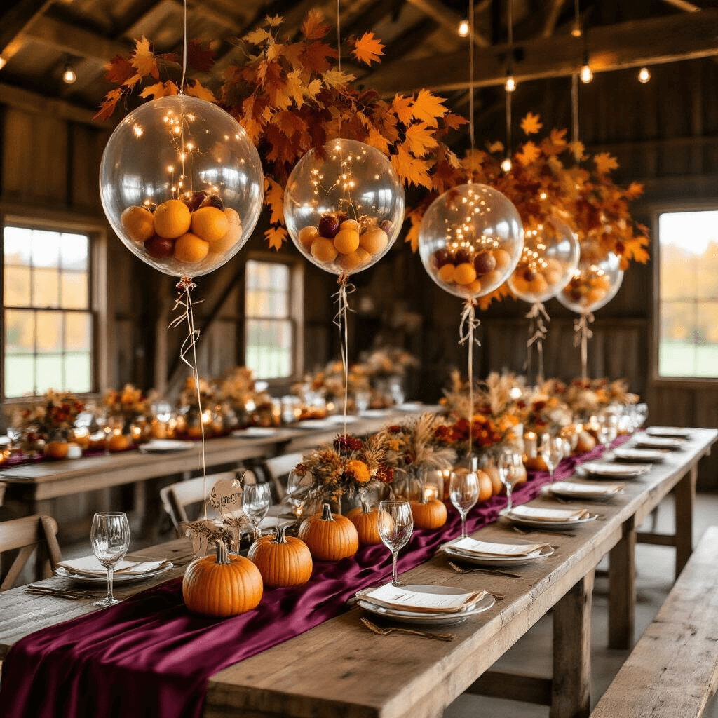 Clear Balloons: The Ultimate Guide to Magical Event Styling and Photography A cozy autumn bridal shower in a rustic barn with long farmhouse tables adorned in burgundy silk runners, clear balloon centerpieces with miniature pumpkins, and clusters of balloons filled with dried leaves overhead. A DIY mimosa bar is featured in one corner with balloons filled with fresh fruit slices. An overhead shot shows a beautifully set place setting with a clear balloon place card holder holding a personalized autumn leaf, all captured in warm, natural lighting.