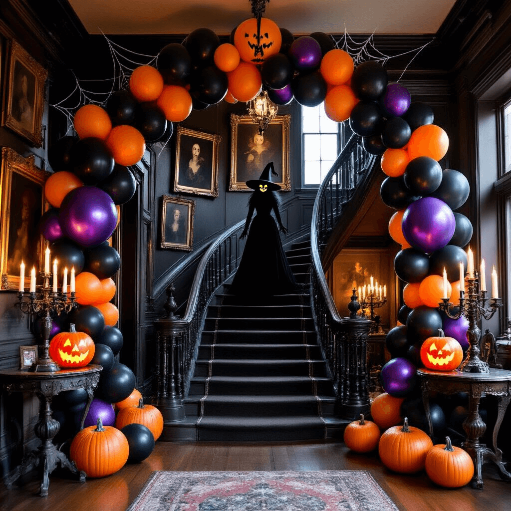 Spooktacular Halloween Balloon Decorations: Your Ultimate Guide to Frighteningly Fun Party Decor A dimly lit Victorian mansion foyer decorated for Halloween, featuring a grand balloon arch in black, orange, and metallic purple, spider web details, LED-lit ghost balloons, floating pumpkin balloon clusters on the staircase, a life-sized witch silhouette made of black balloons, flickering candelabras on antique side tables, and vintage portraits with googly balloon eyes, all captured from a low angle.