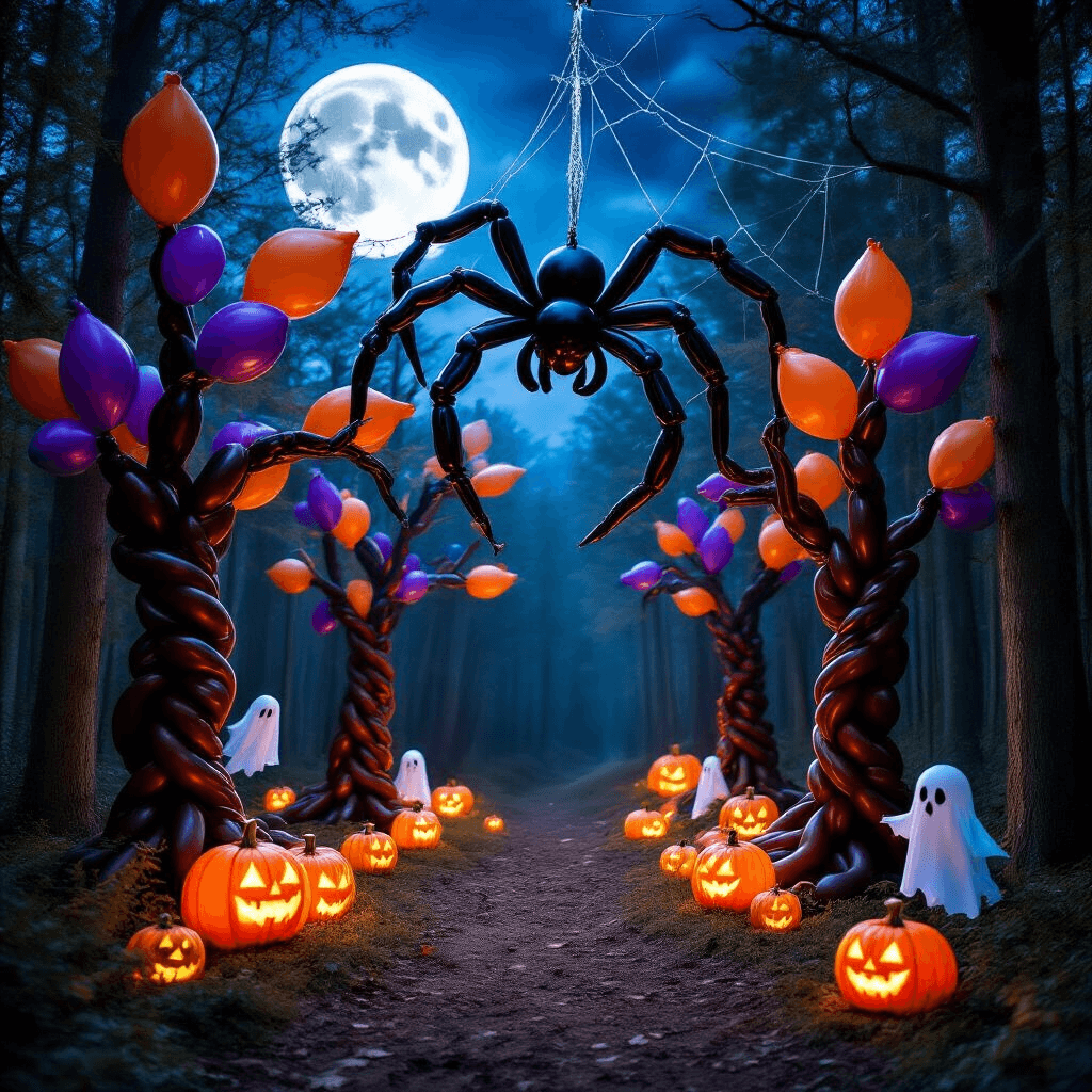 Spooktacular Halloween Balloon Decorations: Your Ultimate Guide to Frighteningly Fun Party Decor A whimsical enchanted forest clearing under a full moon, featuring balloon artistry with twisted brown and black tree trunks, branches adorned with orange and purple leaf-shaped balloons, a large black balloon spider, silver mylar web strands, glowing jack-o'-lantern balloon clusters, and ghostly balloon figures, all illuminated by ethereal blue moonlight.