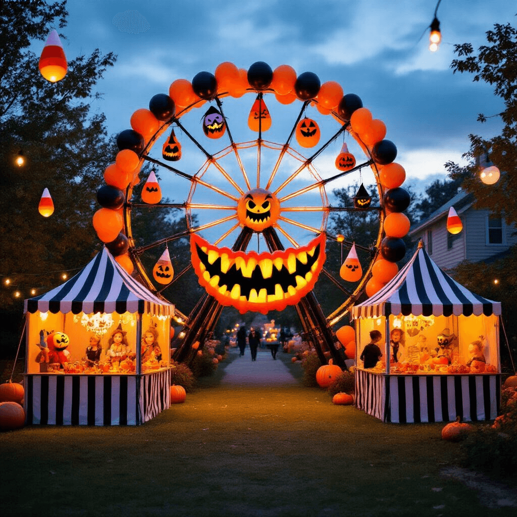 Spooktacular Halloween Balloon Decorations: Your Ultimate Guide to Frighteningly Fun Party Decor A whimsical Halloween carnival in a suburban backyard at twilight features a balloon ferris wheel with spooky character balloons, striped booths for twisted carnival games, and a grand balloon arch shaped like a grinning monster mouth. Guests walk through its 'teeth,' while candy corn and witch hat balloons float overhead under warm string lights.