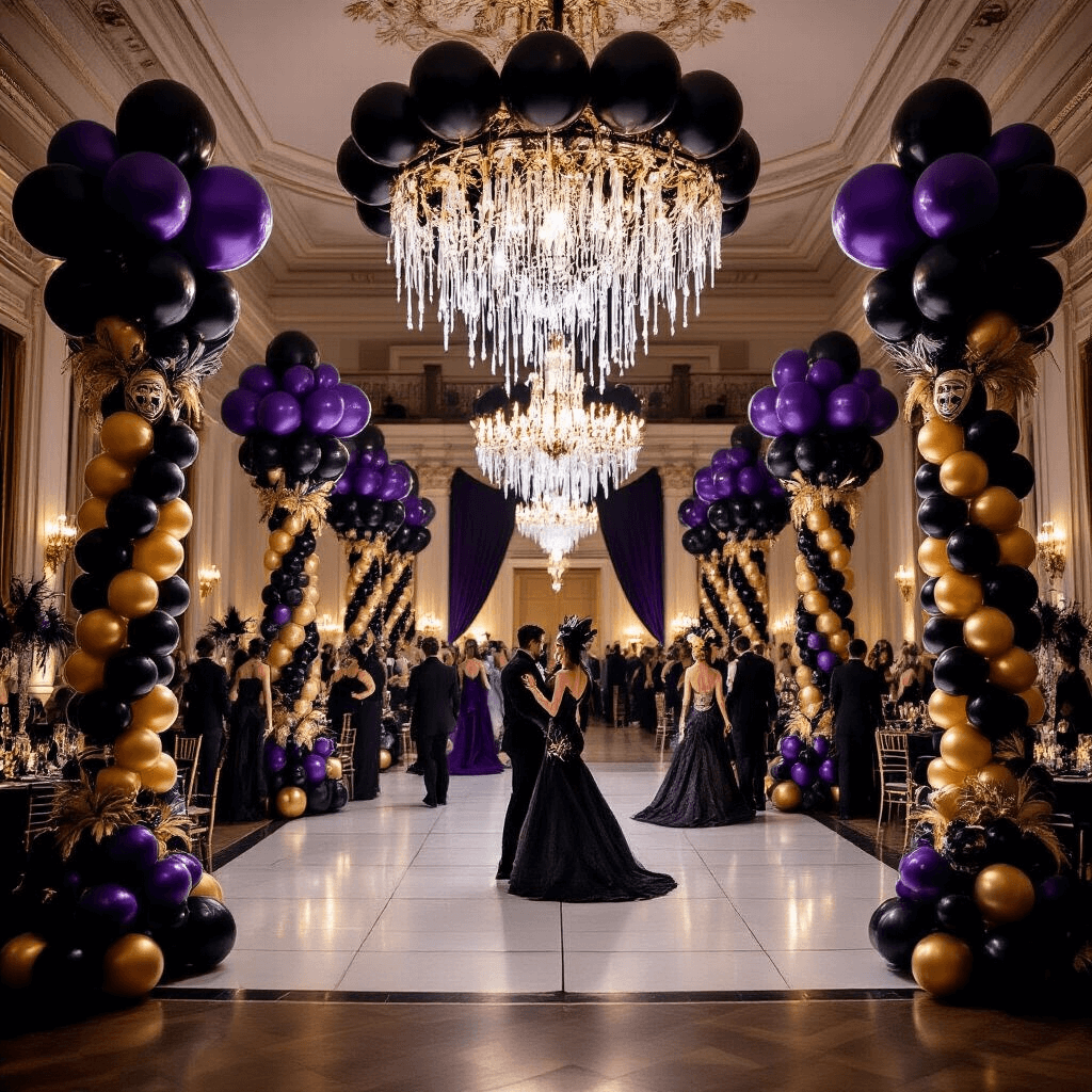 Spooktacular Halloween Balloon Decorations: Your Ultimate Guide to Frighteningly Fun Party Decor An opulent Halloween masquerade ball in a grand ballroom, featuring towering black and gold balloon columns, a chandelier-inspired balloon sculpture with clear balloons and LED lights, elegant table centerpieces with deep purples and golds, and a haunted mirror balloon backdrop, all showcasing the grandeur and mystique of the event.