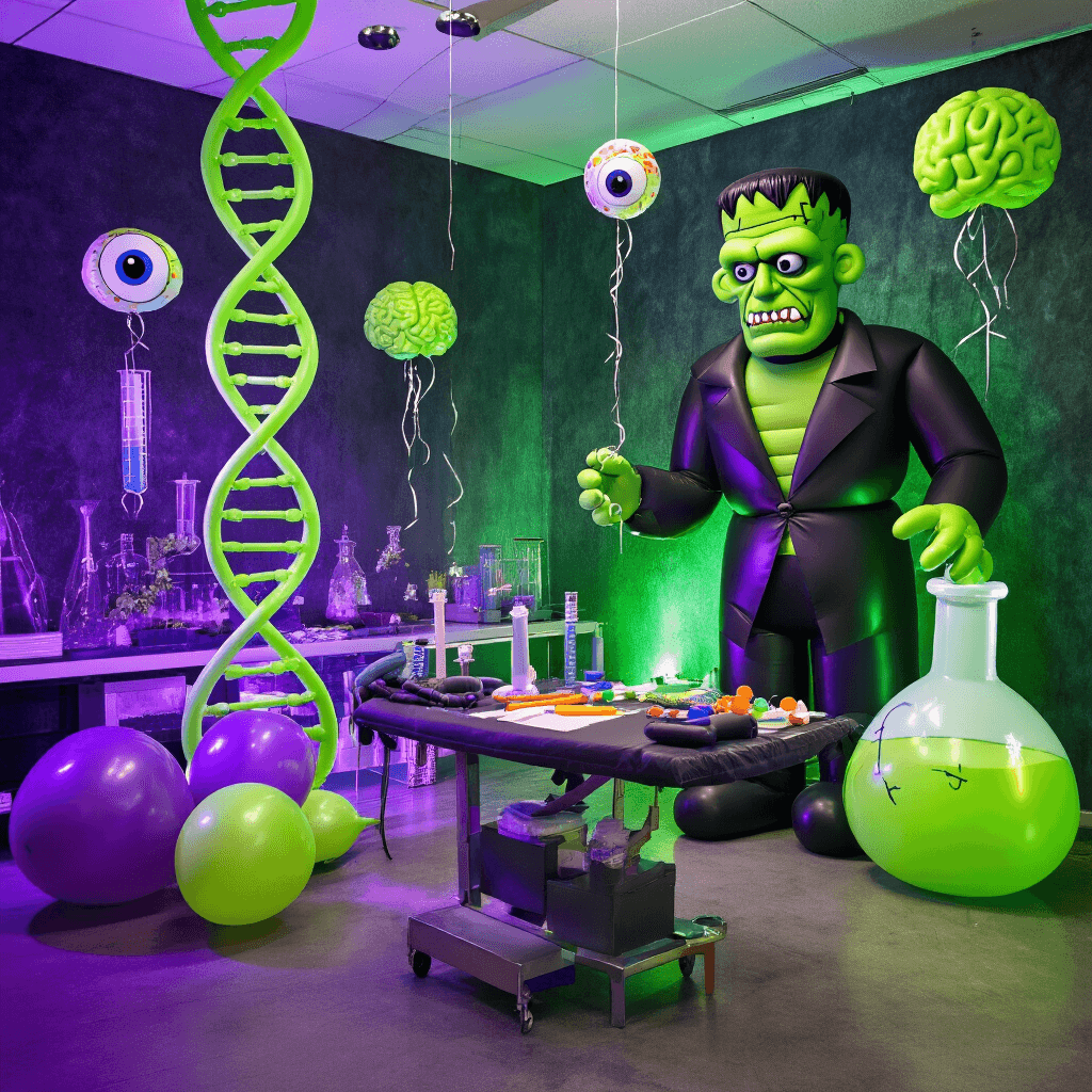 Spooktacular Halloween Balloon Decorations: Your Ultimate Guide to Frighteningly Fun Party Decor A vibrant kids' Halloween party scene depicting a mad scientist's laboratory with balloon DNA helixes, giant beaker sculptures, a 'monster creation station' with oversized balloon tools, and floating brain and eyeball balloons under eerie slime-green uplighting, all captured in playful close-ups.
