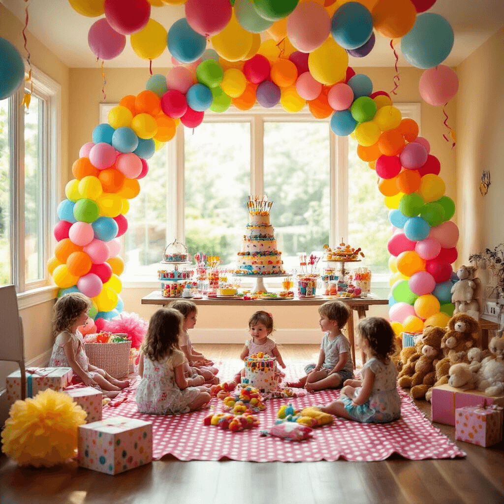 Balloons on the Ceiling: The Ultimate Party Decor Hack A lively children's birthday party in a sunlit living room, decorated with colorful balloons overhead, a dessert table with a tiered cake and candy jars, and kids playing on a picnic blanket surrounded by presents and stuffed animals, creating a joyful atmosphere.