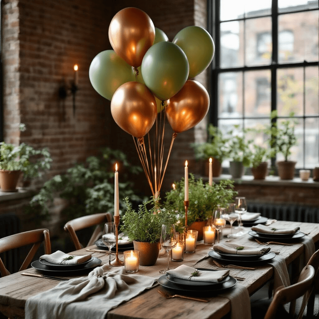 Balloons on the Ceiling: The Ultimate Party Decor Hack An intimate candlelit dinner party in a cozy apartment featuring a rustic wooden table set for six, adorned with copper and sage green balloons, elegant place settings with matte black plates and delicate stemware, and candles illuminating the exposed brick wall, complemented by potted herbs as centerpieces.