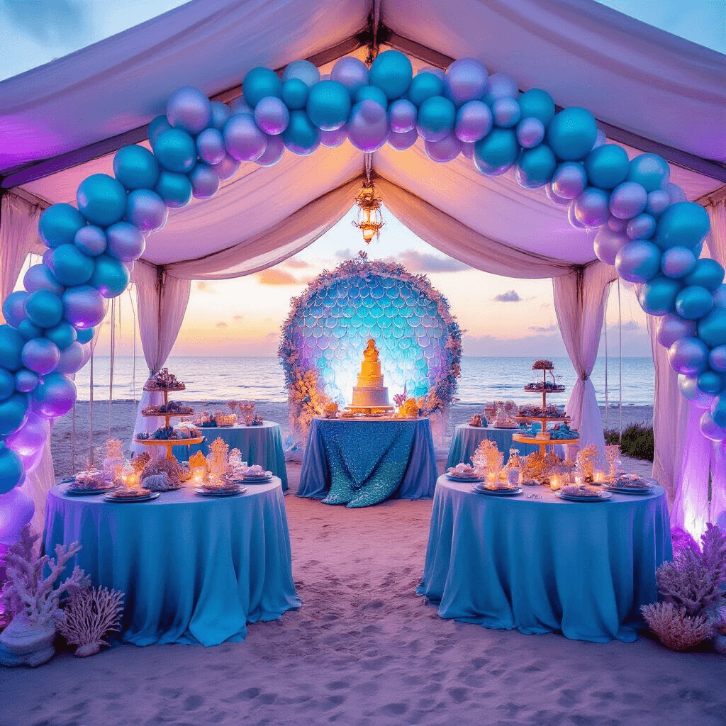 Magical Kids' Birthday Party Ideas for 2025: Unleash Imagination and Fun! A whimsical underwater mermaid adventure party under a sunset, featuring a large tent with flowing white sides, iridescent balloon arch, ombré blue table linens, seashell centerpieces, a mermaid tail cake display, and soft purple and teal lighting, all framed by a golden sky and ocean waves.