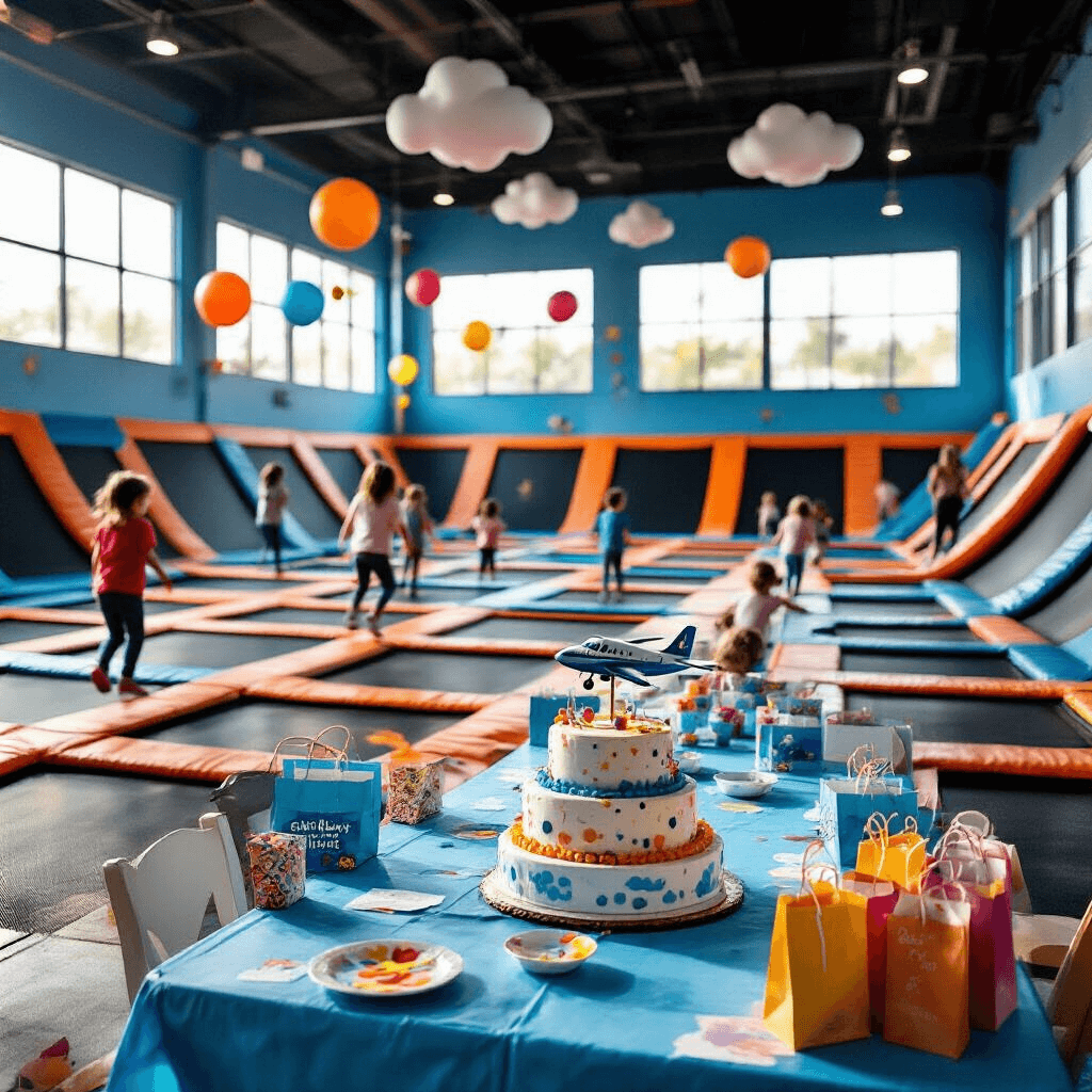 Urban Air Birthday Party: The Ultimate Guide to a Stress-Free, High-Energy Celebration A wide-angle view of an Urban Air trampoline park during a birthday party, featuring colorful trampolines with children jumping, illuminated by soft afternoon light from large windows. In the foreground, a decorated party area with a sky-blue tablecloth, cloud-shaped balloons, and a tiered birthday cake with an airplane topper.