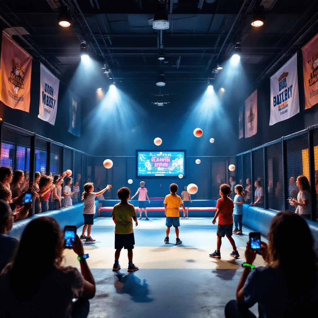 Urban Air Birthday Party: The Ultimate Guide to a Stress-Free, High-Energy Celebration A vibrant wide shot of an Urban Air dodgeball arena during a platinum package party, featuring children playing in colorful wristbands, flying foam balls, cheering parents with smartphones, a glowing scoreboard, and personalized banners celebrating the birthday child.
