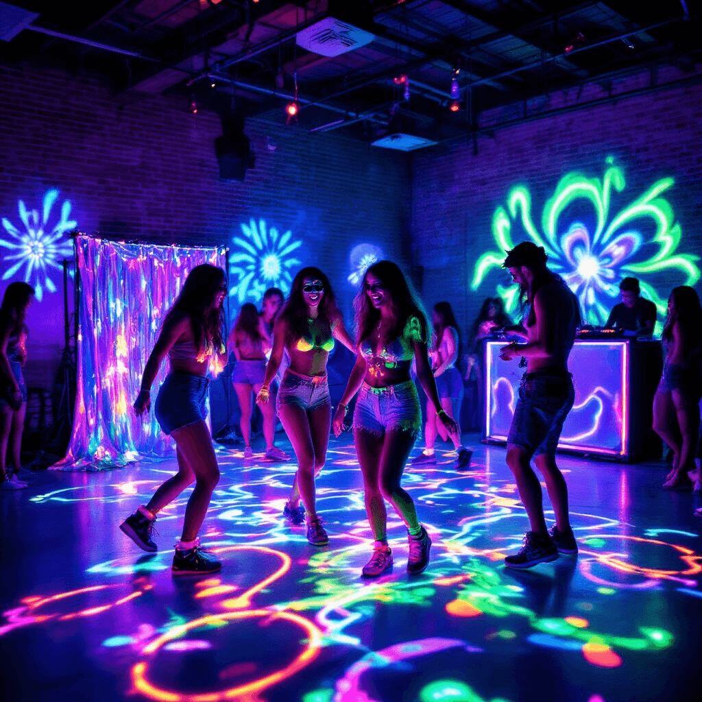 Epic Teen Birthday Party Ideas for 2025: The Ultimate Guide to Unforgettable Celebrations A lively glow-in-the-dark party scene in an industrial loft with teens dancing under blacklight, showcasing neon body paint and LED-lit flooring, surrounded by UV-reactive decor and glow stick accessories. A photo booth draped in iridescent fabric captures friends posing with neon props, while colorful light patterns illuminate the brick walls and a DJ booth emits a purple haze.