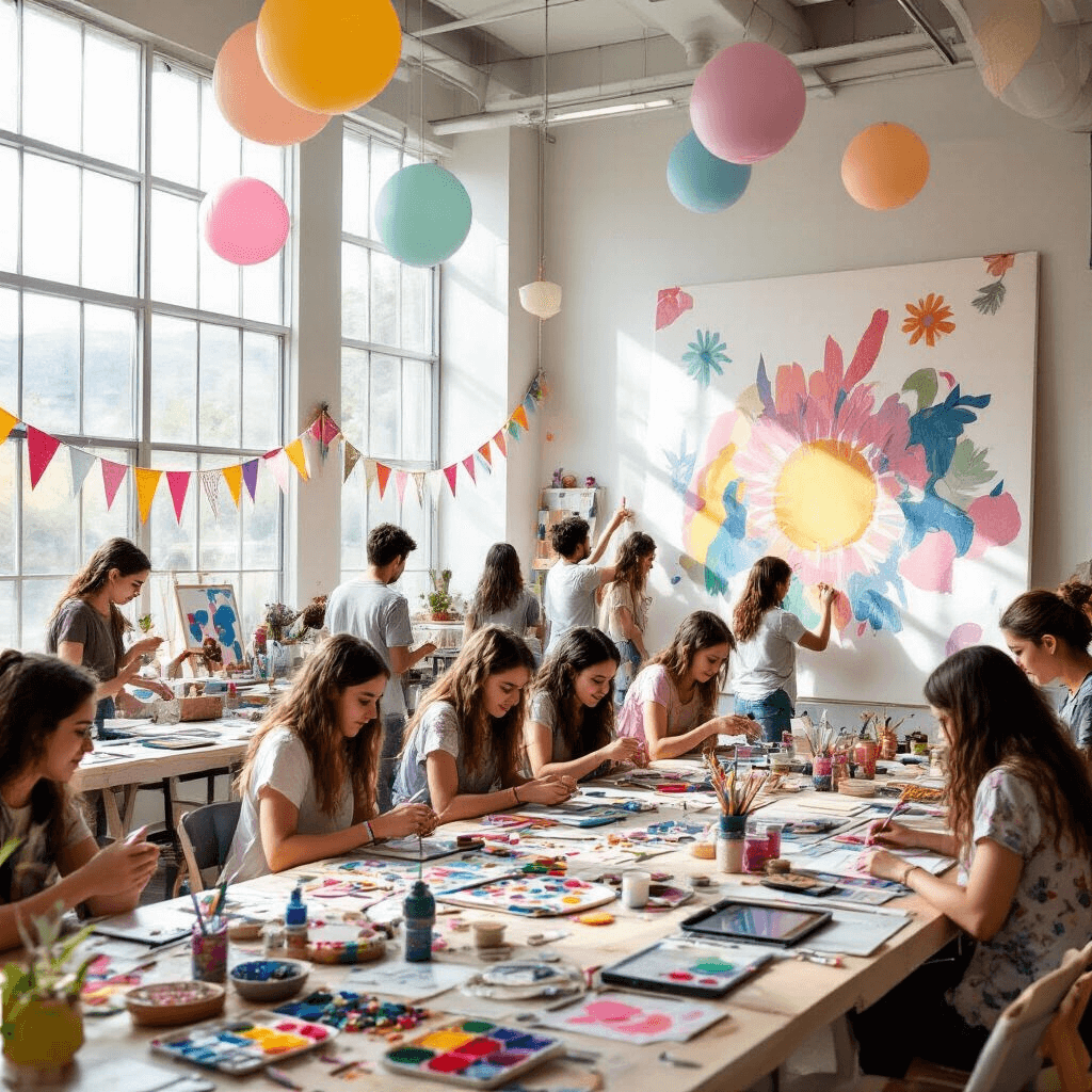 Epic Teen Birthday Party Ideas for 2025: The Ultimate Guide to Unforgettable Celebrations A vibrant birthday celebration for a teenager in a modern studio, featuring tables filled with art supplies as teens engage in creative projects. Large windows let in soft natural light, illuminating a collaborative mural on a massive canvas, while whimsical pastel decorations enhance the lively atmosphere.