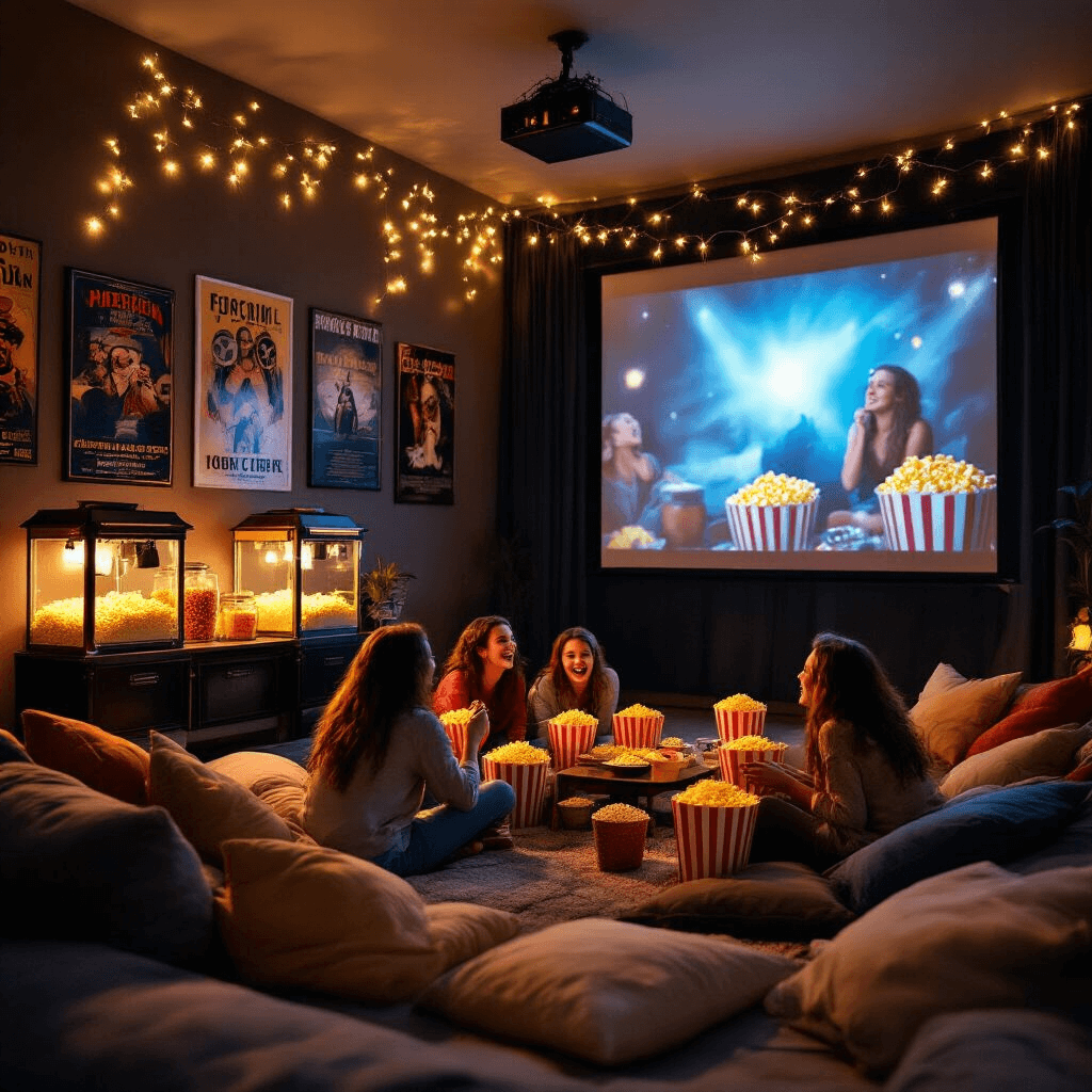 Epic Teen Birthday Party Ideas for 2025: The Ultimate Guide to Unforgettable Celebrations A cozy living room transformed into a chic home theater, featuring plush pillows and low couches facing a large projector screen, fairy lights above, a gourmet popcorn bar with vintage makers and colorful toppings, movie posters and film reels on the walls, with laughing teens enjoying popcorn and debating trivia in the foreground.