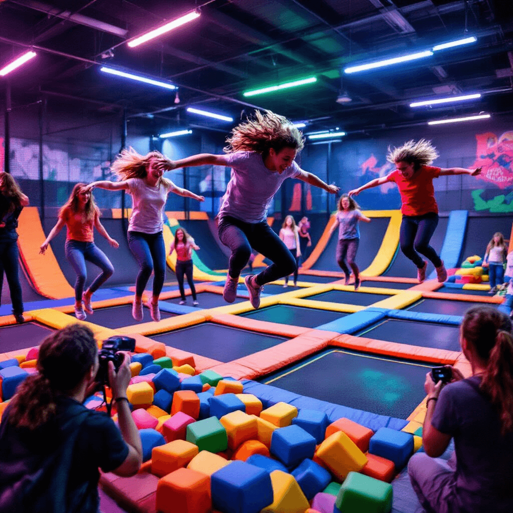 Epic Teen Birthday Party Ideas for 2025: The Ultimate Guide to Unforgettable Celebrations A vibrant indoor trampoline park scene filled with joyful teens mid-jump, colorful trampolines, foam pits, and a ninja warrior-style obstacle course, with a photographer capturing the action against a backdrop of pulsing LED lights.