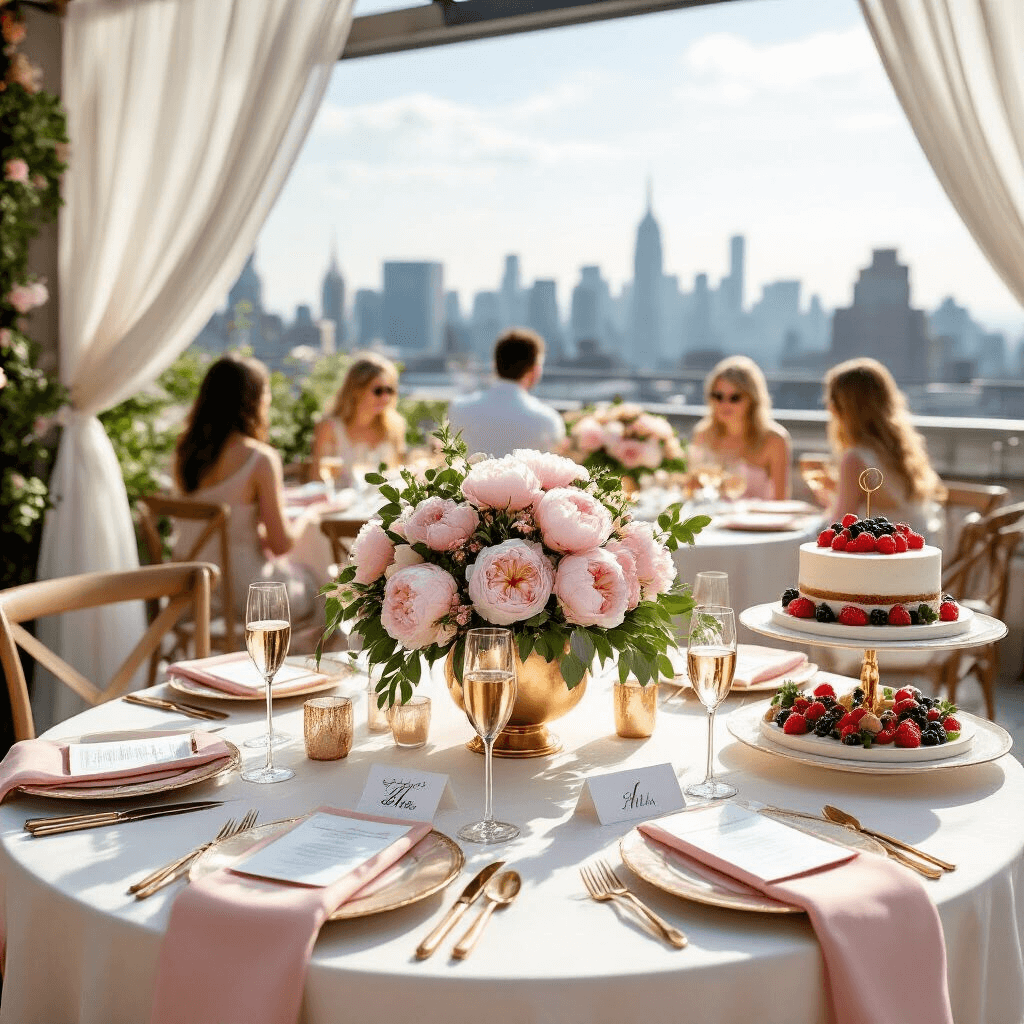 Ultimate Guide to Creating the Perfect Birthday Party Invitation Template An elegant rooftop terrace setup for a birthday brunch, featuring round tables with white linens, pink peony centerpieces in gold vases, rose gold place settings, and a dessert cart with a naked cake. Sheer white drapery frames city views as guests enjoy champagne in the warm sunlight.