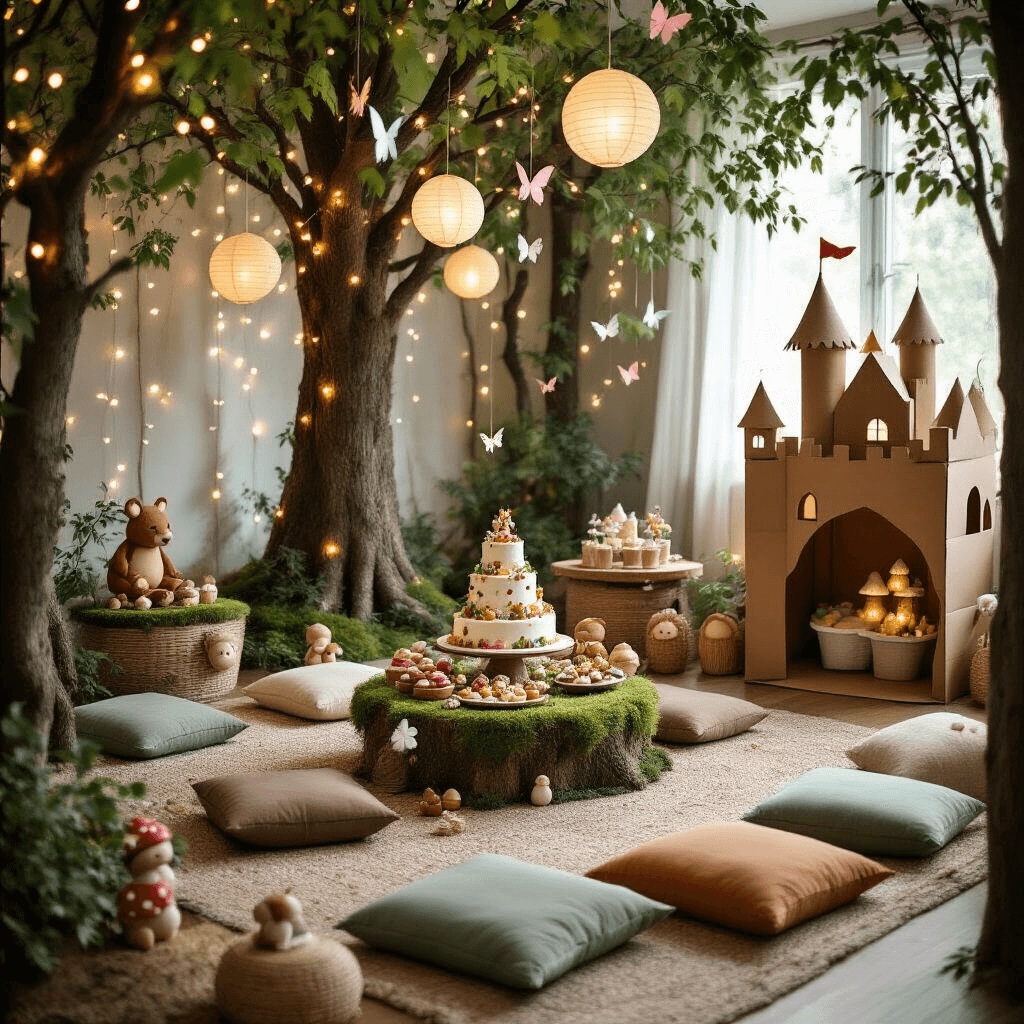 Ultimate Guide to Creating the Perfect Birthday Party Invitation Template A cozy living room transformed into an enchanted forest-themed children's birthday party, featuring fairy lights, paper lanterns, moss-covered tables with woodland creature decor, a whimsical treehouse cake, toadstool and acorn cupcakes, hanging paper birds and butterflies, a DIY cardboard castle photo booth, and dreamy dappled lighting.