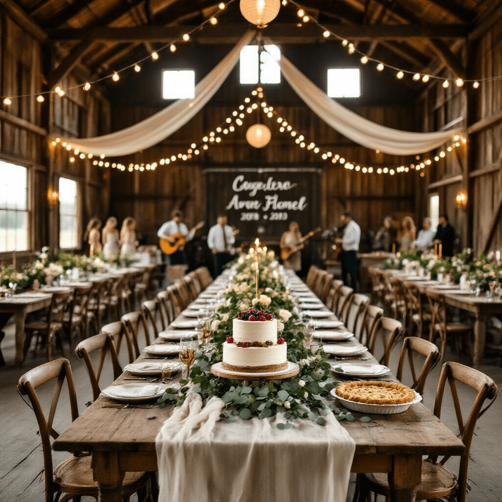 Ultimate Guide to Creating the Perfect Birthday Party Invitation Template A rustic barn wedding anniversary celebration with golden hour light, featuring long farmhouse tables, vintage decor, a dessert table with a naked cake and pies, string lights, and guests enjoying the ambiance.