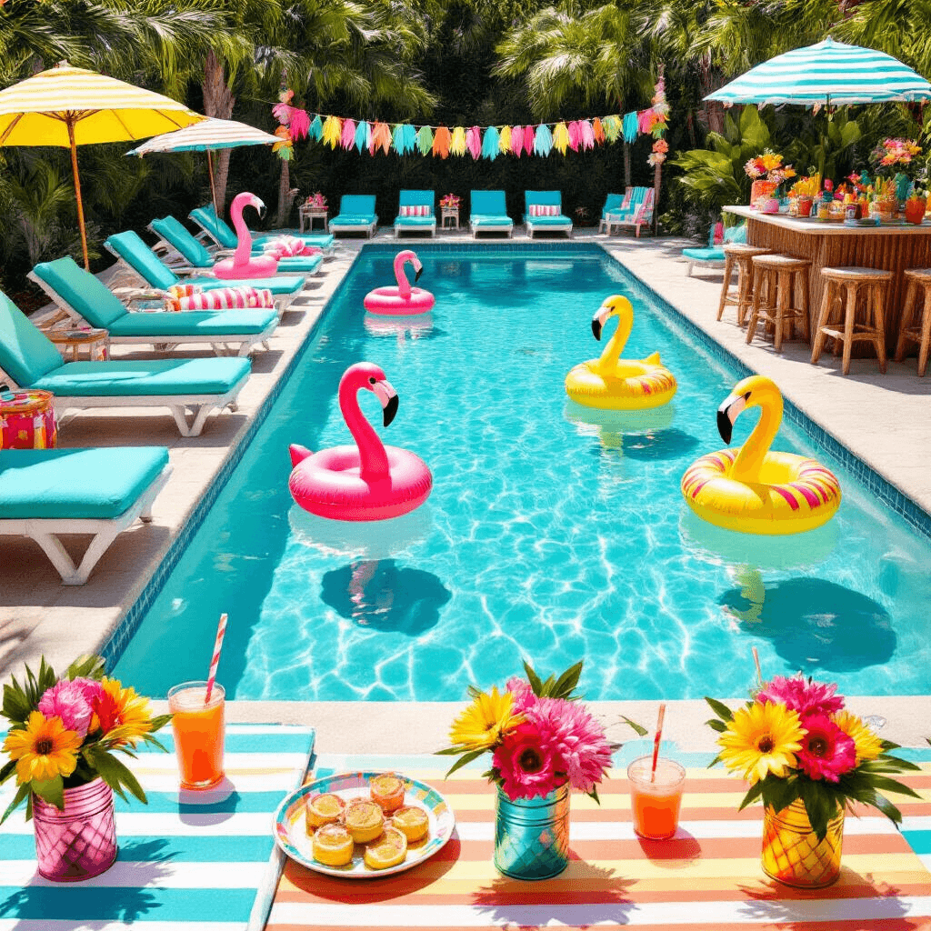 Ultimate Guide to Creating the Perfect Birthday Party Invitation Template A vibrant poolside birthday party with turquoise loungers, colorful beach towels, inflatable flamingos and pineapples in the pool, a tiki bar serving tropical cocktails, shaded tables with exotic flower centerpieces, and a DIY photo booth with colorful props.