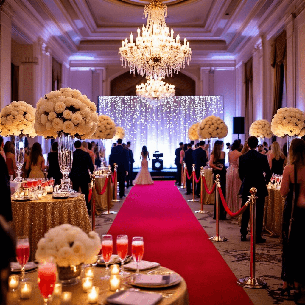 Sweet 16: The Ultimate Party Guide for an Unforgettable Celebration A glamorous Sweet 16 celebration in an opulent ballroom with a red carpet, crystal chandeliers, gold-draped tables, floral centerpieces, fairy lights, a mocktail bar, and a vintage movie camera photo booth.