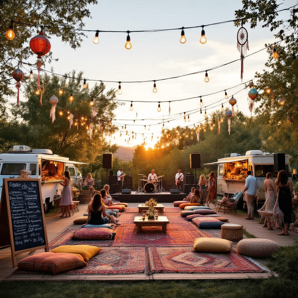 Sweet 16: The Ultimate Party Guide for an Unforgettable Celebration An enchanting outdoor Sweet 16 festival in a spacious backyard at golden hour, featuring crisscrossed Edison bulbs, colorful Moroccan rugs, cozy lounge areas with floor cushions, food trucks serving global cuisines, a local band on stage, vibrant paper lanterns and dreamcatchers hanging from trees, and guests in boho-chic outfits dancing and relaxing in macramé hanging chairs.