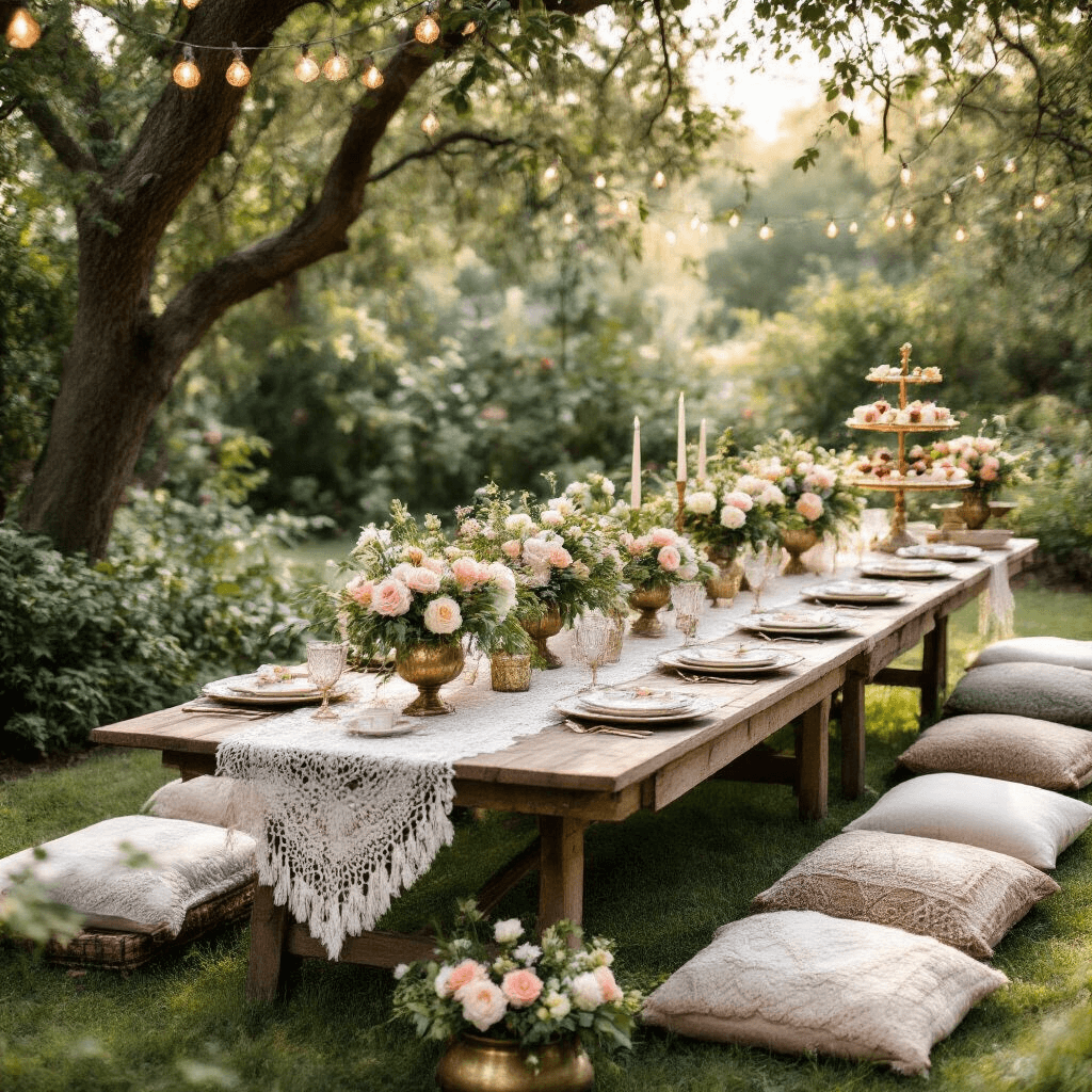 Sweet 16: The Ultimate Party Guide for an Unforgettable Celebration An intimate Boho Garden Party for a Sweet 16 featuring rustic farm tables decorated with vintage china, wild garden roses in antique brass vases, and a dessert cart with a naked cake. Soft morning light filters through trees, illuminating cozy seating with floor pillows and flower crowns at each place setting. Fairy lights hanging above enhance the enchanting atmosphere.