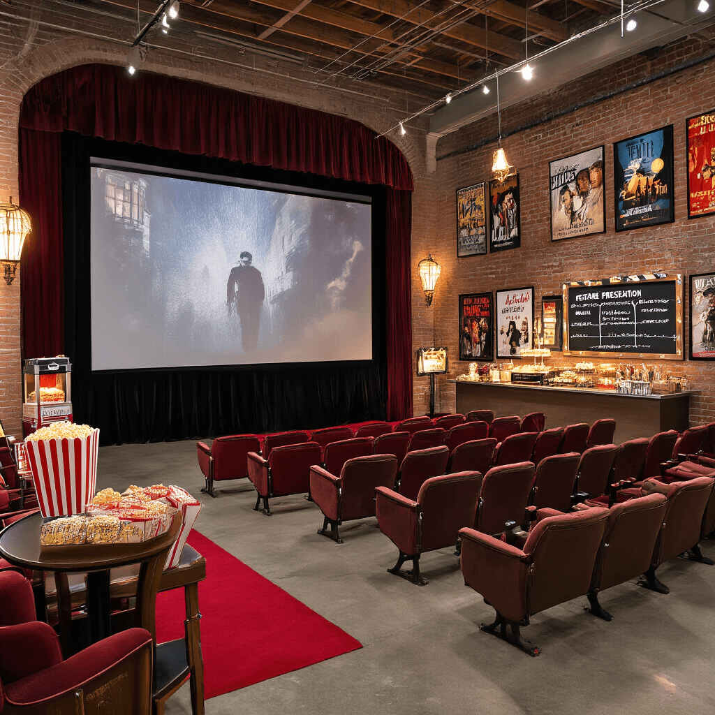 Sweet 16: The Ultimate Party Guide for an Unforgettable Celebration A stylishly converted warehouse hosts a Sweet 16 cinematic movie night, featuring a large screen, vintage theater seats, high cocktail tables, a popcorn machine, candy bar, movie posters, a Hollywood clapperboard chalkboard, soft art deco lighting, and a red carpet photo booth.