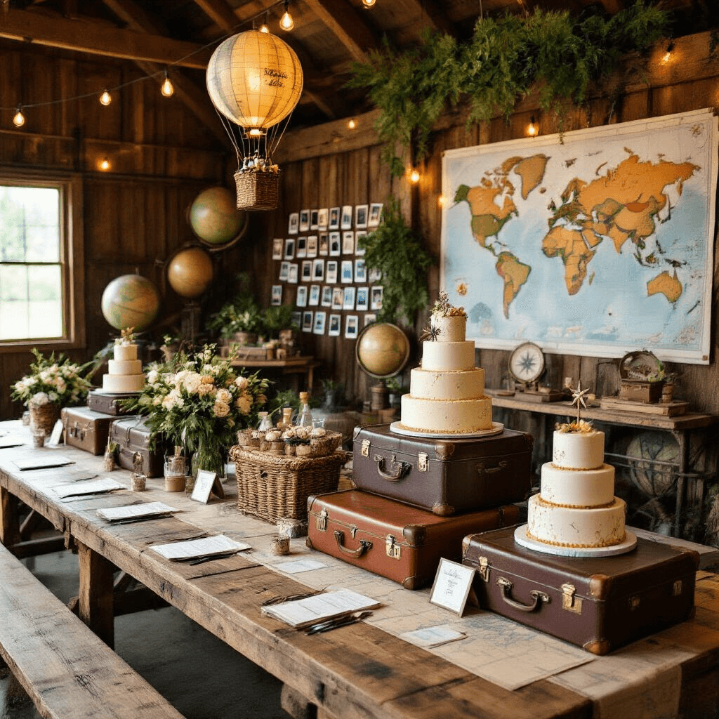 Sweet 16: The Ultimate Party Guide for an Unforgettable Celebration An adventurous Expedition-themed Sweet 16 in a rustic barn venue with vintage suitcases, antique globes, maps as table runners, and compass place card holders; features a hot air balloon basket photo op, a wall of Polaroid photos, hanging plants, lanterns, a tiered cake resembling vintage luggage, personalized 'passport' party favors, and a world map backdrop for pinning dream destinations.
