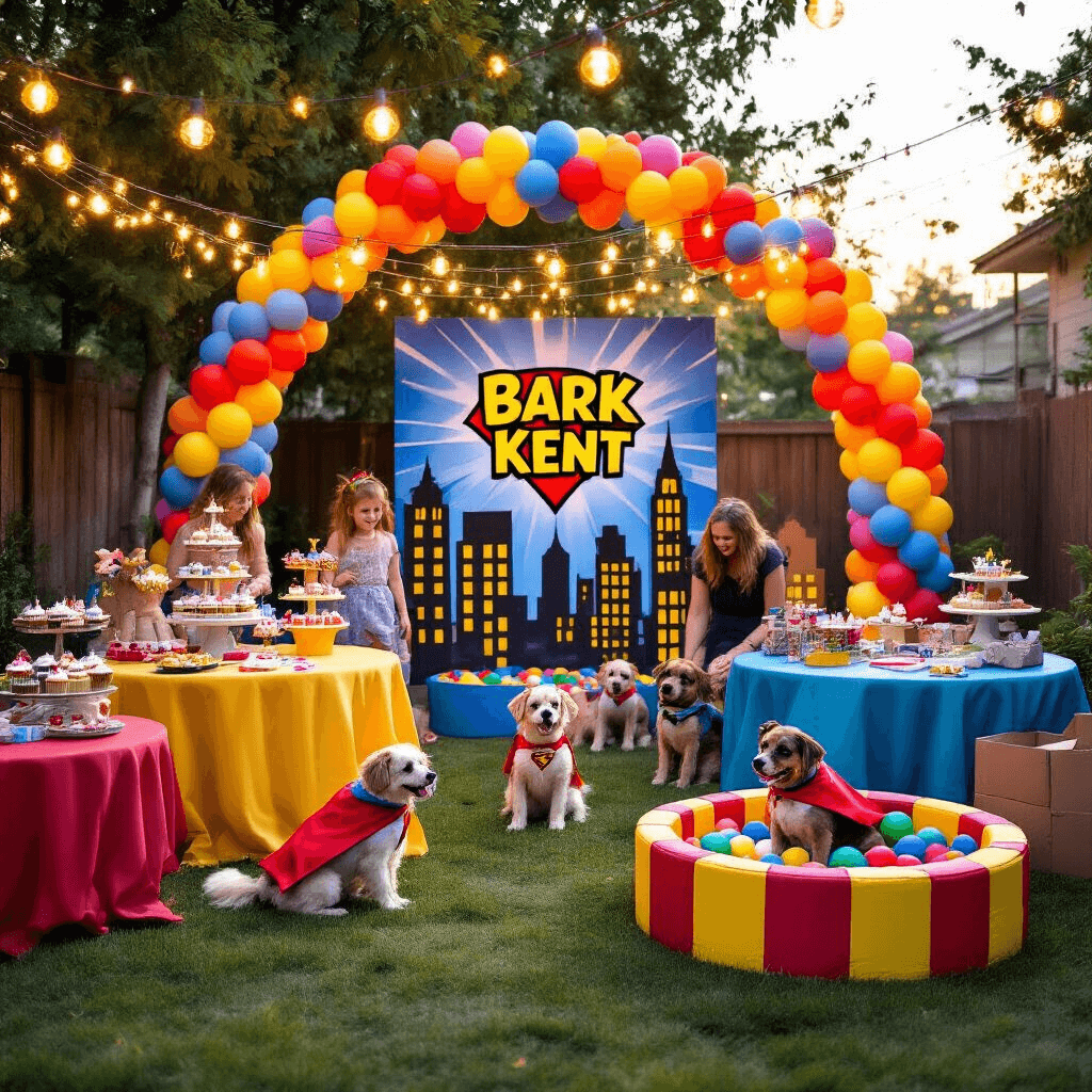 How to Throw the Ultimate Dog Birthday Pawty: A Tail-Wagging Celebration Guide A whimsical backyard birthday party for dogs featuring colorful balloon arches, a 'Bark Kent' photo backdrop, and DIY cardboard city skyline decorations, with tables adorned in primary-colored linens, dog-safe cupcake towers, and fairy lights above. In the foreground, dog guests in capes and masks play in a ball pit while their owners enjoy a treat station shaped like a comic book.