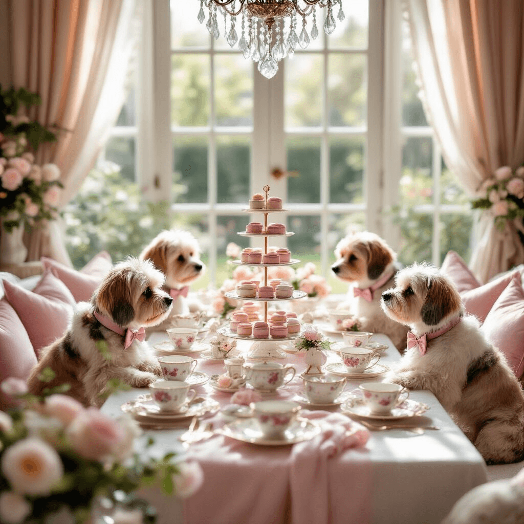 How to Throw the Ultimate Dog Birthday Pawty: A Tail-Wagging Celebration Guide An elegant indoor tea party featuring impeccably groomed dogs in bow ties and pearls, surrounded by delicate floral china, pastel macarons, and plush velvet cushions in a sun-drenched living room with sheer curtains and a garden view.