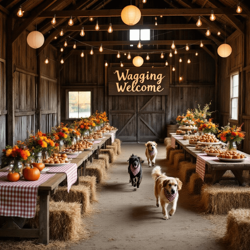 How to Throw the Ultimate Dog Birthday Pawty: A Tail-Wagging Celebration Guide A twilight overhead view of a rustic barn party titled 'Harvest Hound Hoedown,' featuring long wooden tables with gingham runners, mason jar candles, and burlap floral arrangements. Strings of Edison bulbs and lanterns illuminate the scene, while a dessert cart displays pumpkin dog treats and apple snacks. Dogs in bandanas playfully navigate hay bale obstacle courses, and a hand-painted 'Wagging Welcome' sign greets attendees.