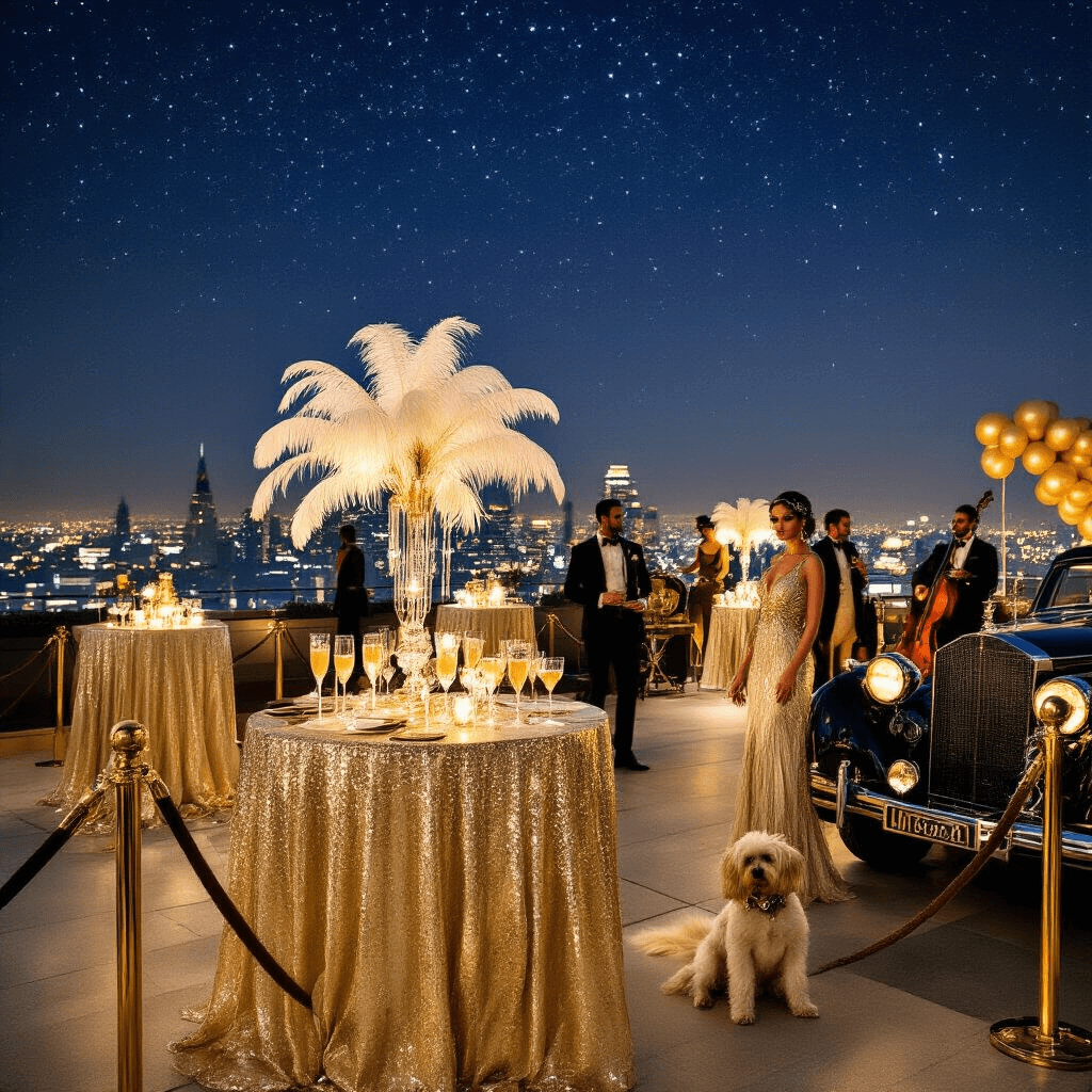 How to Throw the Ultimate Dog Birthday Pawty: A Tail-Wagging Celebration Guide A glamorous rooftop soirée inspired by the Great Gatsby, featuring Art Deco decor in gold and ivory, with cocktail tables adorned with sequined linens and feather centerpieces. Guests in elegant attire pose with their stylish dogs near a vintage car, all under a starlit sky with city lights in the background, as a jazz trio performs on stage decorated with metallic balloon garlands.
