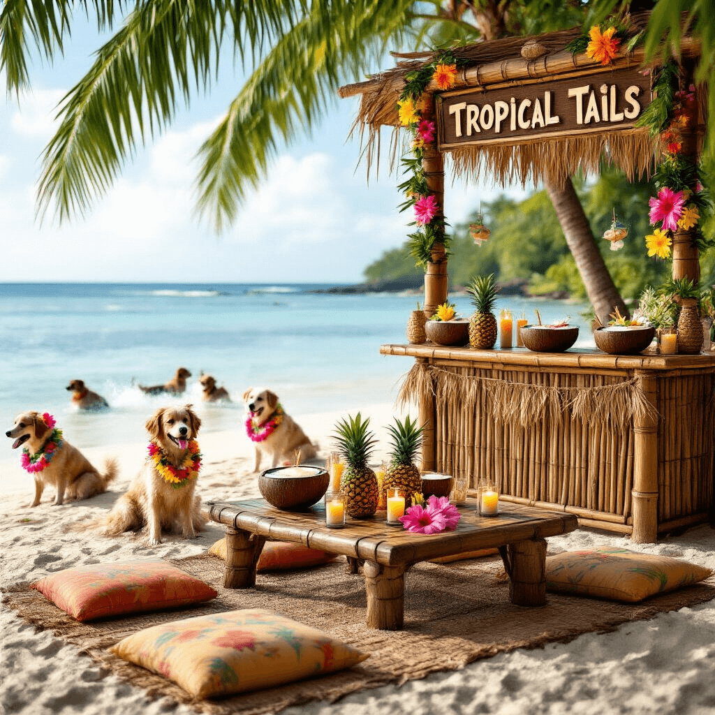 How to Throw the Ultimate Dog Birthday Pawty: A Tail-Wagging Celebration Guide A vibrant tiki bar setup at a tropical luau, featuring bamboo accents, grass skirts, and colorful coconut drink bowls. Lush floral leis hang over driftwood signs, with pineapple centerpieces and hibiscus blooms on low tables surrounded by colorful floor cushions. Flickering candles in sand-filled glass containers add a dreamy touch, while playful dogs wearing flower crowns and mini hula skirts splash joyfully in the crystal-clear waters framed by palm fronds.
